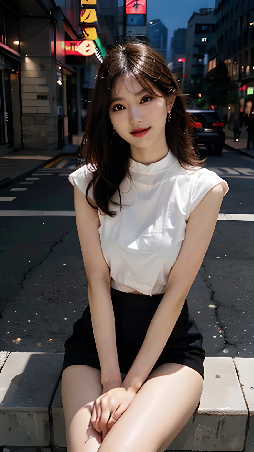 ((Best quality, 8K, Masterpiece: 1.3)), 1 girl, Japan person, 32 years old, Female, Happy smile, full bodyesbian, Slim face, Pretty woman, (Dark brown hair), hyperdetailed face, Detailed eyes, Double eyelids, Slim face, City,  arms with beautiful bare skin, legs with beautiful bare skin, ultra fine skin, photorealistic image, Detailed faces, detailed hairs, Detailed eyes, detailed nose, Detailed lips, Sharp images, Photorealistic, RAW photos, Real people, Realistic, Portrait photos, (8K, RAW photos, Best quality, Masterpiece: 1.2), (Realistic, Photorealistic: 1.37), Night, Professional lighting, photon maping, Radio City, Big, see through shirt, The shape of the pubic region is clearly visible, black eyeshadows, Black heels, Pubic hair, Lower abdomen bristles, Slender, crotch is open, pubic hair very large，pubic hair is very protruding, Short hair, Layer cut hair, choker necklace, Earrings, bangle, Anklets, fine thighs, Beautiful legs, fine crotch, M-shaped legs, black thin stockings