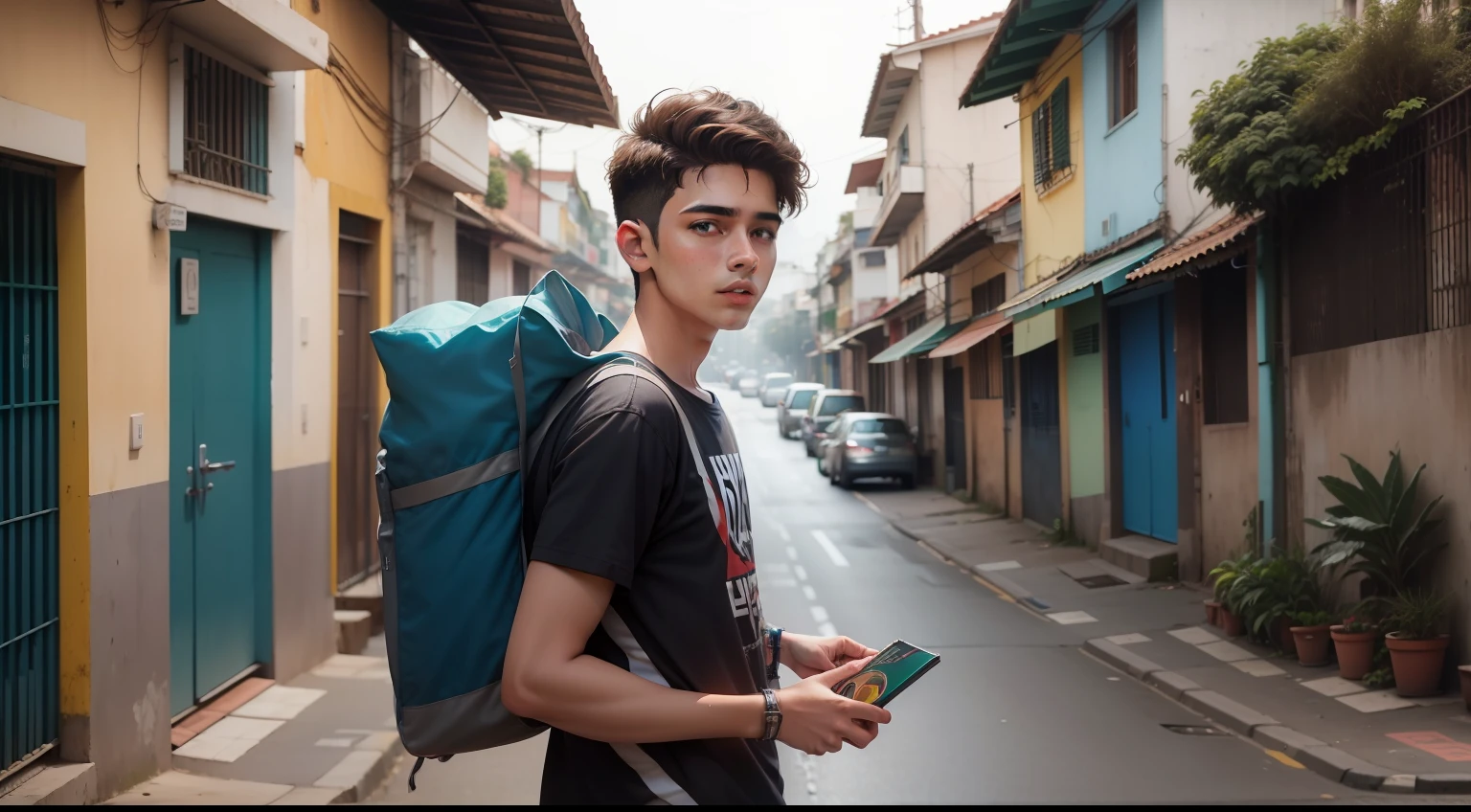 garoto 17 anos saindo, indo embora da loja de cd e discos feliz