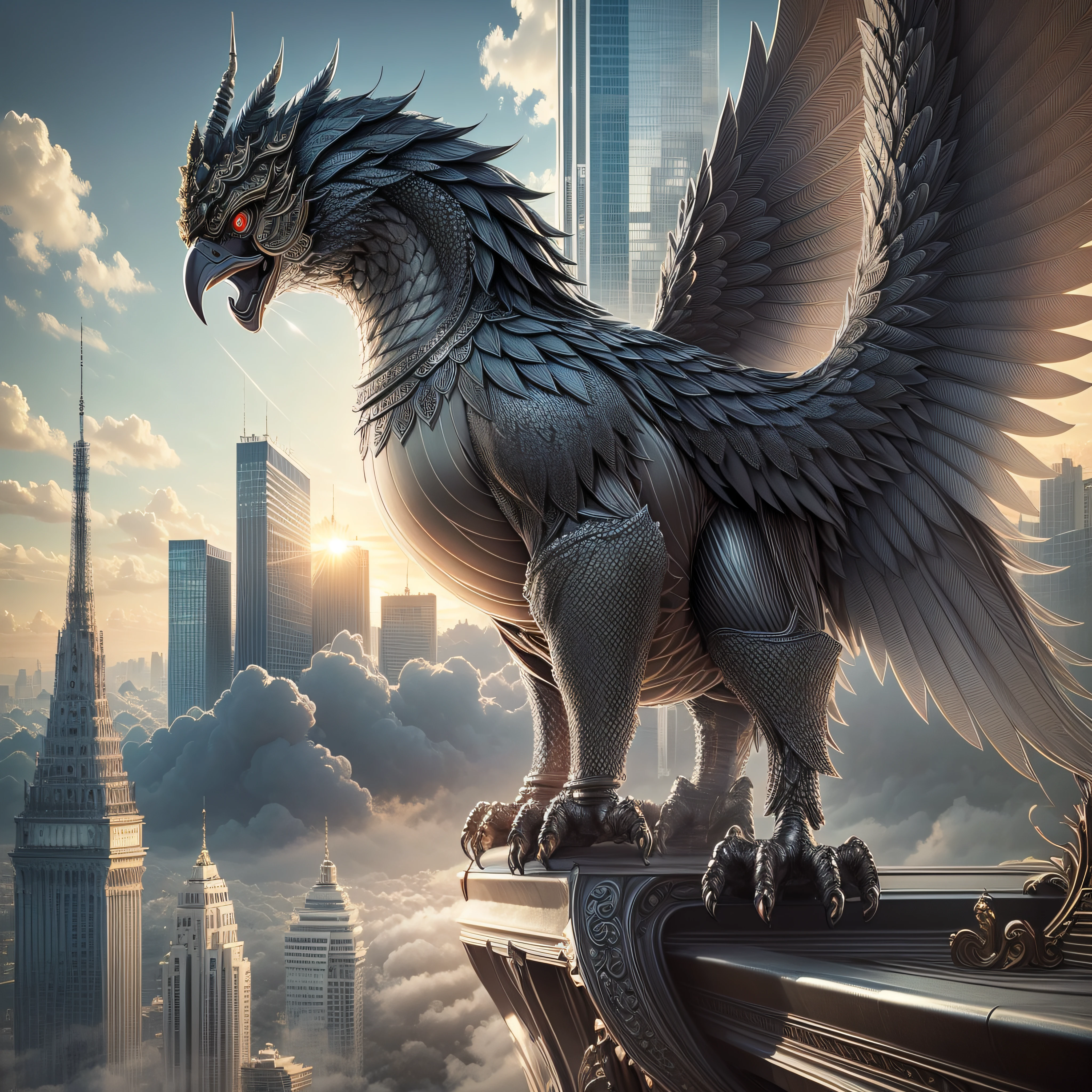 masterpiece,highly detail(Metalic Black,Reflect,:1.3)phayakrut king garuda{best quality},, super huge GARUDA solo, very detail, city,tower,building,highway, clouds and mist,
(extremely detail CG unity 8k wallpaper:1.1)(masterpiece),(best quality:1.1),realistic,style of master anime,perfect perspective,intricate detail