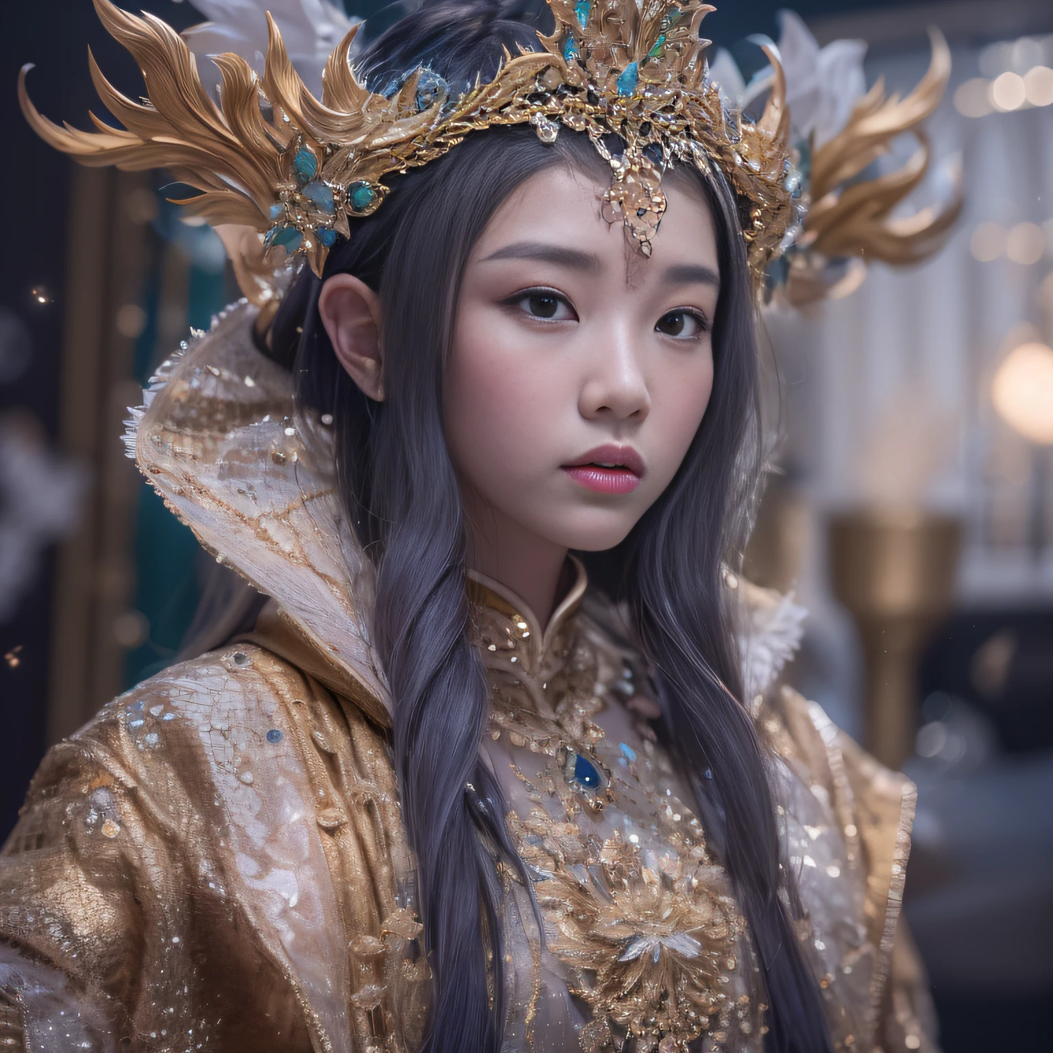 16k(tmasterpiece,k hd,hyper HD,16k)short detailed hair,Gold jewelry area in the back room,Flame Girl ,Dao Lang Protector (realisticlying:1.4),Python pattern robe,Purple-pink tiara,Snowflakes fluttering,The background is pure,Hold your head high,Be proud,The nostrils look at people, A high resolution, the detail, RAW photogr, Sharp Re, Nikon D850 Film Stock Photo by Jefferies Lee 4 Kodak Portra 400 Camera F1.6 shots, Rich colors, ultra-realistic vivid textures, Dramatic lighting, Unreal Engine Art Station Trend, cinestir 800,Hold your head high,Be proud,The nostrils look at people
