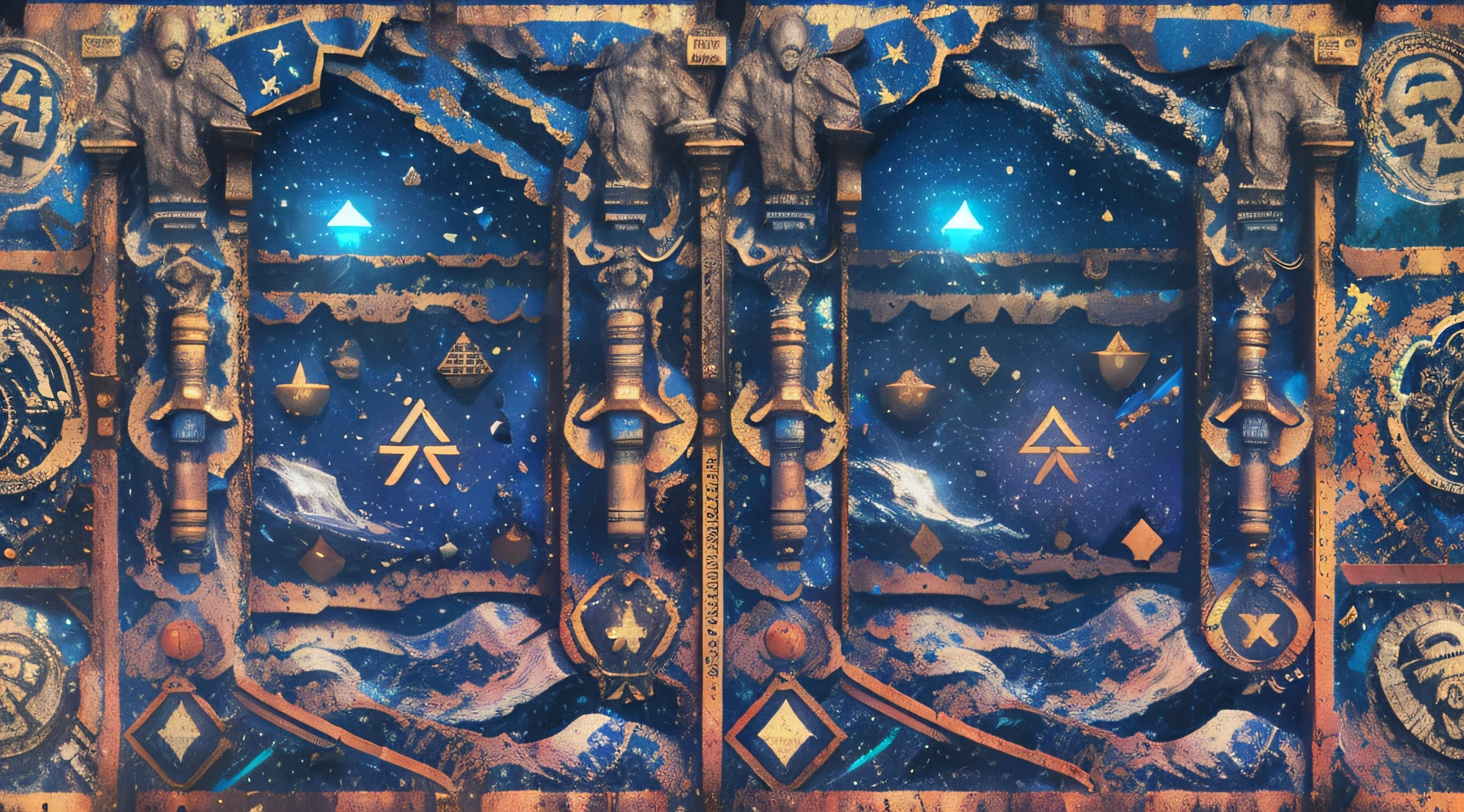genial, ponte, antigo, Built in stone, azul brilhante, Rune symbols, Starry sky, Unknown constellations, noite, Silence, mystery, 8k, qualidade superior, tons escuros