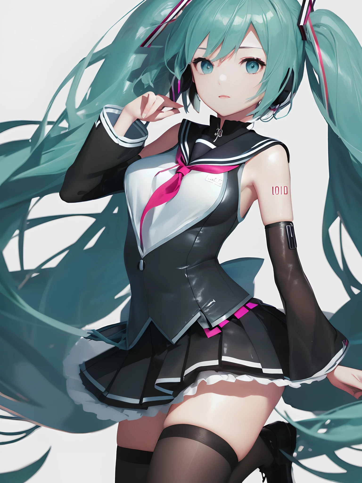 (One lady)、(masterpiece)、(best qualtiy)、(ultra-detailliert)、(a high chroma)、(CG Illustration)、highcontrast、((low angles))、VOCALOID、((miku hatsune))、(Fine and beautiful eyes)、Delicate beautiful face、((dishevled hair))、(( a sailor suit))、See-through shirt、(Black stockings)、((B cup breasts))、((teats)) 、The best lighting、Poses in motion、Float inside、simple background