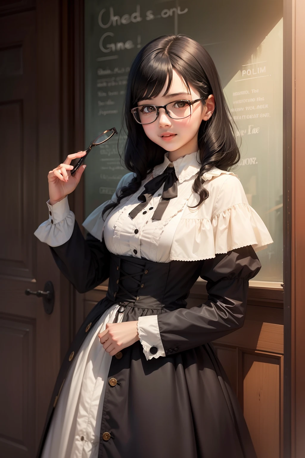 A girl in a period costume, black hair and glasses is greeting,Q version style illustration