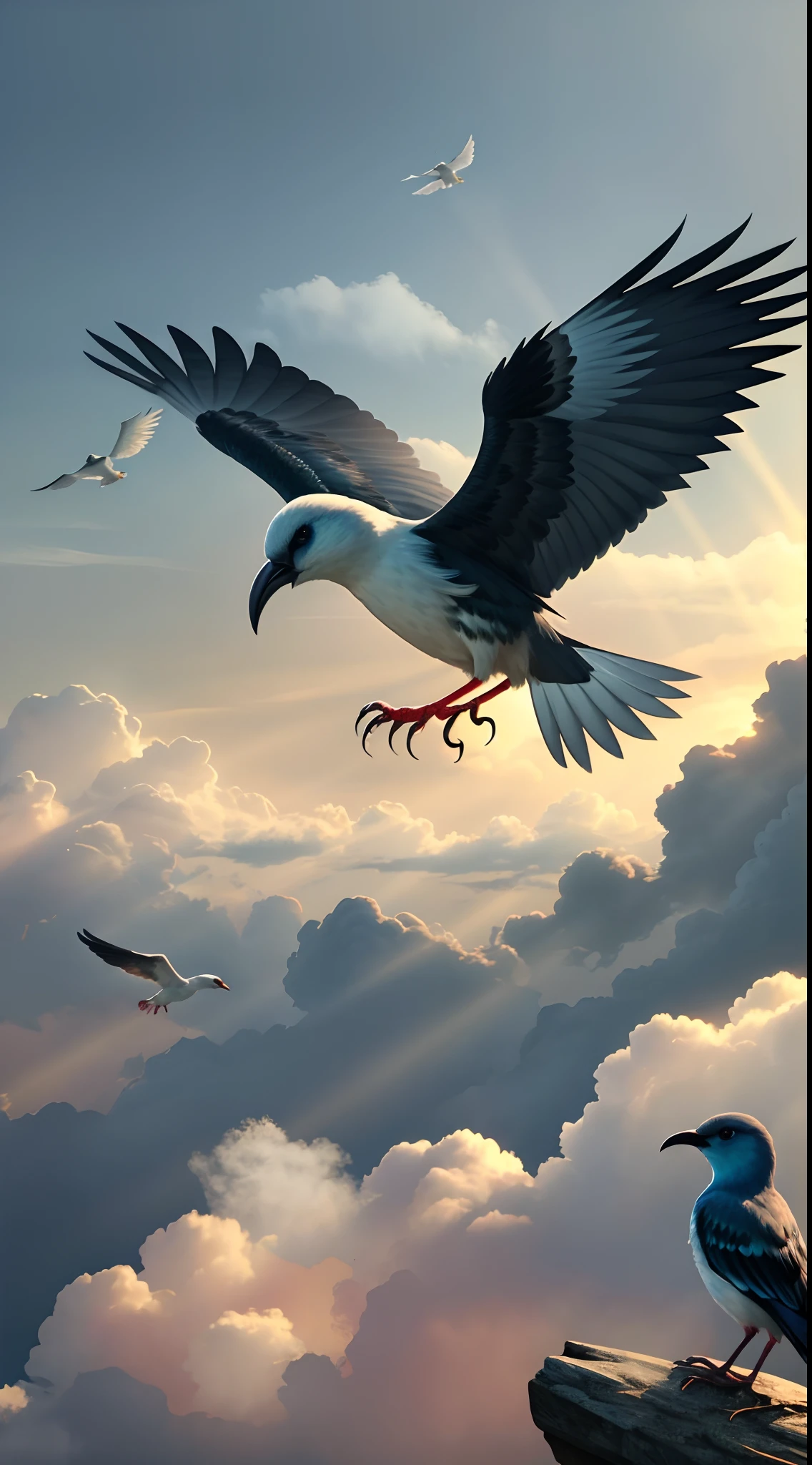Miscellaneous birds (birds) (montanhas ao fundo da imagem:1.1) Tracing of volumetric haze rays z pass bright light, (obra-prima) (melhor qualidade) (detalhado) (8k) (cinematic lighthing) (foco nítido) (intrincado)