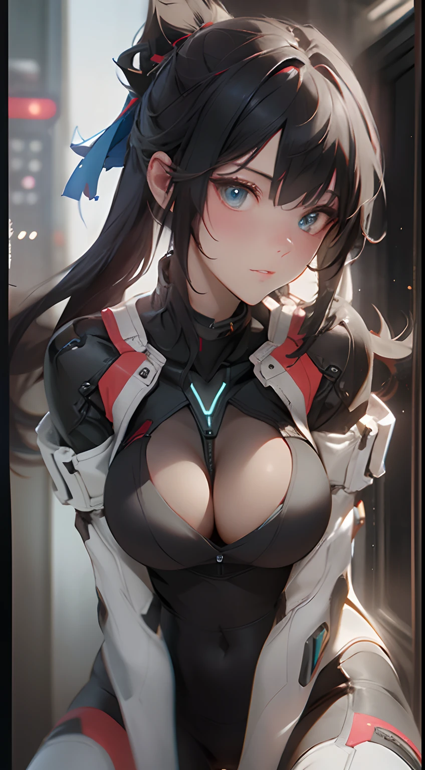 ((top-quality)), ((masterpiece)), (detaileds:1.4), 3D, Beautiful Cyberpunk Woman Image, gambling、the chaos、nffsw(HighDynamicRange),Ray traching,NVIDIA RTX,Hyper-Resolution,Unreal 5,Sub-surface scattering,I can see the cleavage、Lean forward and look at the camera、Upper Eyes、Beautiful legs、PBR Texturing,Postprocess,Anisotropy Filtering,depth of fields,Maximum clarity and sharpness,multi-layer texture,Albedo and specular maps,Surface Shading,Accurate simulation of light-material interactions,perfectly proportions,Octane Rendering,Two-tone lighting,Wide aperture,Low ISO、White Balance、thirds rule、8K Raw、