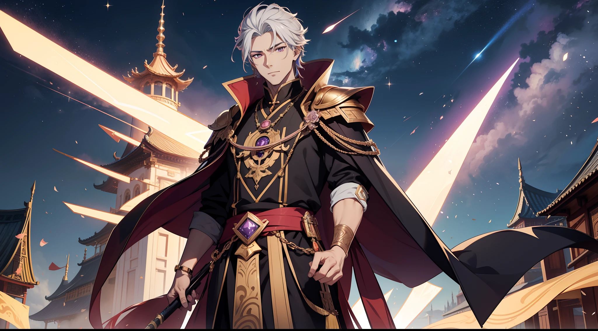 1male people，AS-Adult，Tall，About one meter nine or more，Handsome and dashing appearance，Qi Yu Xuanang，Eyes are clear，It's as if it can reflect the universe。Heroic and sassy，It's a bit dusty。Forehead vertical eyes，It seems to contain the truth of heaven and earth，In the eyes，Eyes wide，A rose gold，One purple-gold，Extremely bizarre，A spire built by the forest、Tall wooden building