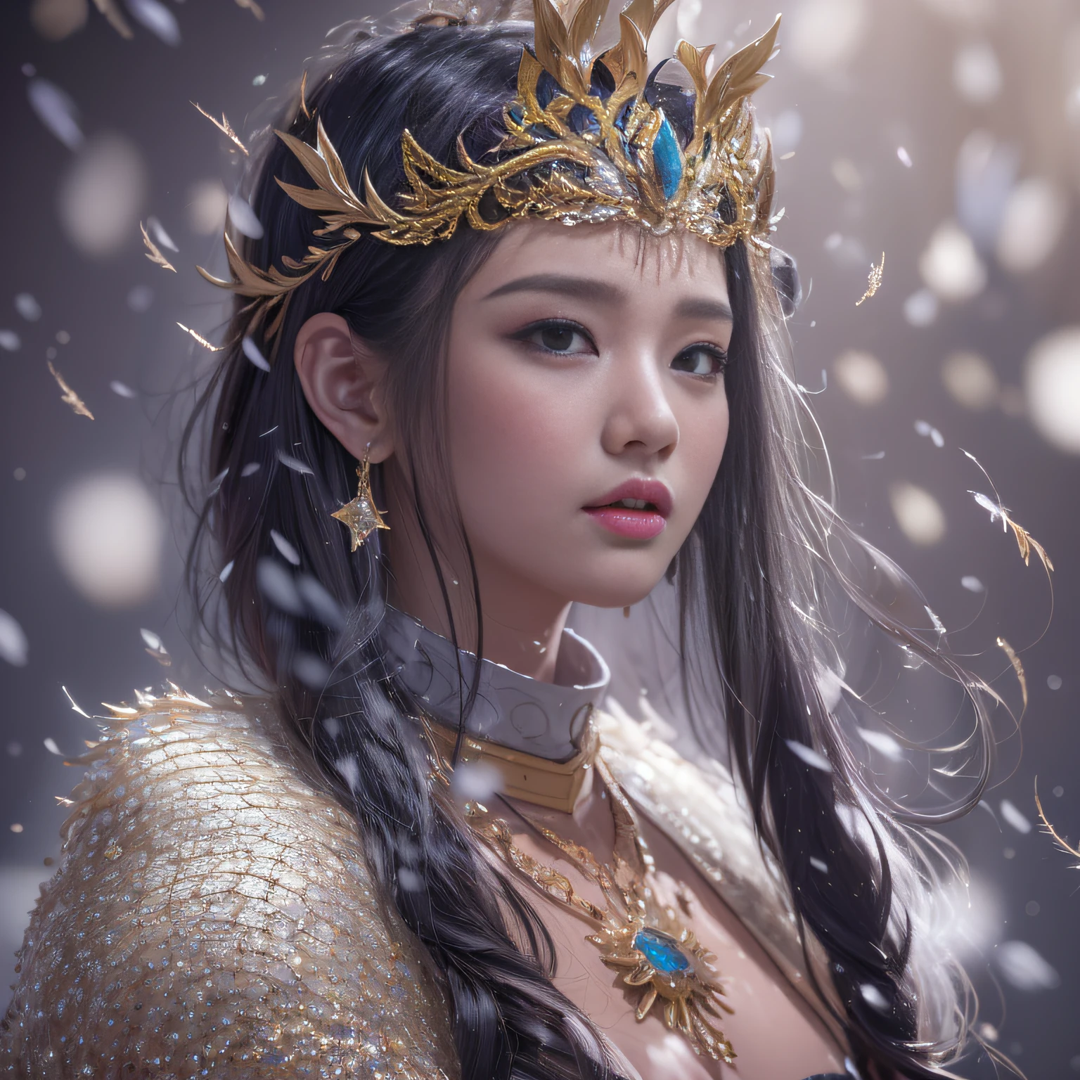 16k(tmasterpiece,k hd,hyper HD,16k)short detailed hair,Gold jewelry area in the back room,Flame Girl ,Dao Lang Protector (realisticlying:1.4),Python pattern robe,Purple-pink tiara,Snowflakes fluttering,The background is pure,Hold your head high,Be proud,The nostrils look at people, A high resolution, the detail, RAW photogr, Sharp Re, Nikon D850 Film Stock Photo by Jefferies Lee 4 Kodak Portra 400 Camera F1.6 shots, Rich colors, ultra-realistic vivid textures, Dramatic lighting, Unreal Engine Art Station Trend, cinestir 800,Hold your head high,Be proud,The nostrils look at people