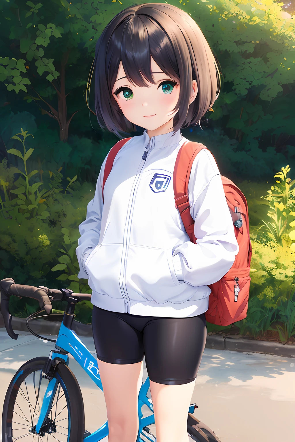 Menina anime com uma mochila e uma bicicleta em um parque, visual anime de uma menina bonito, arte cg anime suave, anime moe artstyle, kantai collection style, menina anime jovem, Estilo Makoto Shinkai, feito com anime painter studio, Makoto Shinkai Estilo de Arte, uma garota de anime, menina anime bonito, estilo anime 4K, pintado em anime painter studio