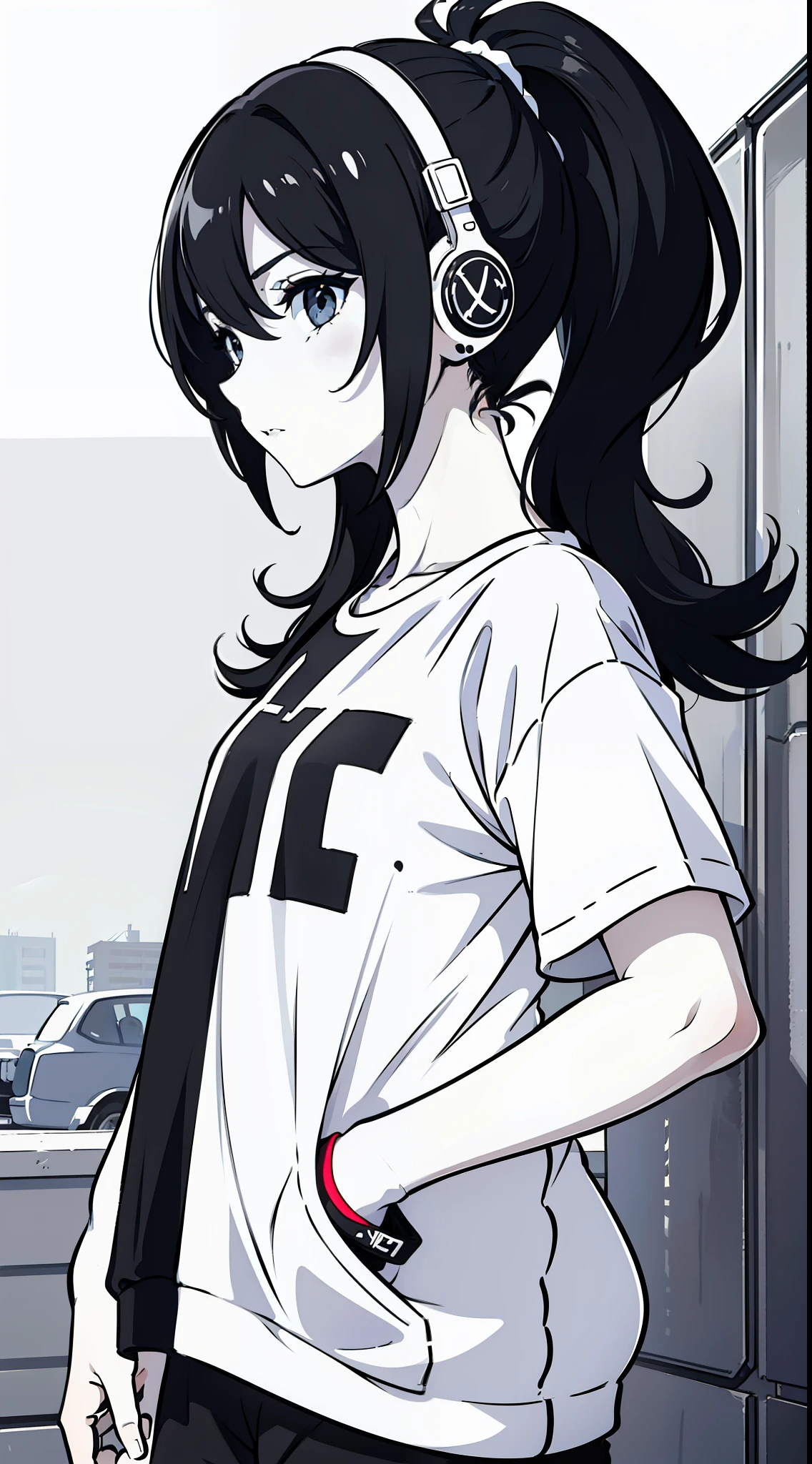 girl, side portrait, black and white, messy short hair, edgy accessories,sporty style, casual t-shirt, confident gaze, monochrome color scheme, looking to the side, chic street fashion, casual hands in pockets pose,head,((a person)),Over-ear headphones, large ear cups,Luxurious long hair