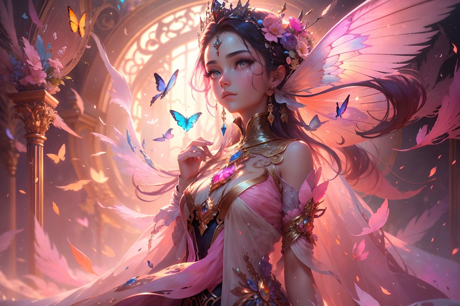 (((masterpiece))), (((best quality))), ((ultra-detailed)),(highly detailed CG illustration), ((an extremely delicate and beautiful)),cinematic light, Create a stunning fantasy artwork that mimics the style of currently trending masters of the genre. The art piece should contain elements of both mythic fantasy and fairytale fantasy with colorful accents. ((Utilize various shades of pink and watercolor pastels as the main color scheme.)) The character in the artwork is a delicate but strong petite figure with an aura of mystery and magic. Pay close attention to intricate facial features, such as mesmerizing eyes with vibrant colors and bold shading. The character's clothing should be designed with gossamer feathers, silk, stunning embroidery, and subtle iridescent details. Incorporate dreamy colors, dynamic lighting, and detailed background elements to create a sense of awe and immersion. Include colorful flying magical birds and jewel-toned butterflies radiating a magical aura. Consider the latest trends in fantasy art, such as incorporating unique lighting effects, exploring dynamic and compelling composition techniques, and experimenting with unique color palettes. Take inspiration from the top artists on ArtStation and Midjourney. Camera: Choose an angle that highlights the character's beauty and enhances the magical majesty of the artwork. Lighting: Utilize atmospheric lighting techniques to create depth and mood. Resolution: Aim for a high-resolution artwork to showcase intricate details and clarity. Art Inspirations: Seek inspiration from the trending artists on ArtStation, exploring different styles, genres, and themes.