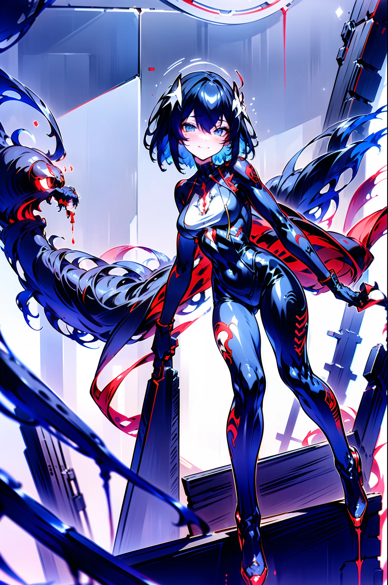 1girll, 独奏, standing on your feet, hair adornments, Blue eyes,, mechanicalparts, electrical wires, electric cables, Failure effect, terroral, sci-fy, A futuristic, background inside dark, neonlight, cyber punk perssonage, hyper realisitc, eerie, unnerving, spine-chilling, terroral, onesie,Blue eyes,Venom possession,Blackened,Long blue gloves,Jumpsuits,Skinny one-piece latex clothing,Highlight her gorgeous figure,Wrap the whole body,symbiote,((Raised sexy)),onesie,Blue eyes,Venom possession,Blackened,Long blue gloves,Jumpsuits,Black latex clothing,Blue eyes,Best quality, high resolution, Ultra-detailed, Vivid texture, Mask, Skinny one-piece latex clothing, bangs, Blue hair,Wear socks,Blackened,Wrapped in black slime,A sad expression,Say goodbye to the gaze,Red coat,long eyelasher, solid circle eyes, Light smile, Ear blush, Dark blue hair, hair between eye, Short hair,, Mad eyes,, Crazy smile, Sad smile, Evil smile, crazy, jitome, shaded, Yandere, chin grab, disdain, Evil, Crazy smile, Colored inner hair, Blue hair, Dark blue hair, surrealism, shadowing, anaglyph, stereograms, tachi-e, angle of view, Atmospheric perspective, Chiaroscuro, Cinematic lighting, 8K, Super detail, ccurate, Best quality, hyper HD, retinas, Masterpiece, Textured skin, Award-Awarded, A high resolution, Best quality, Super detail, best qualtiy, 8K, digitial painting,Red coat,Anime girl in red cape