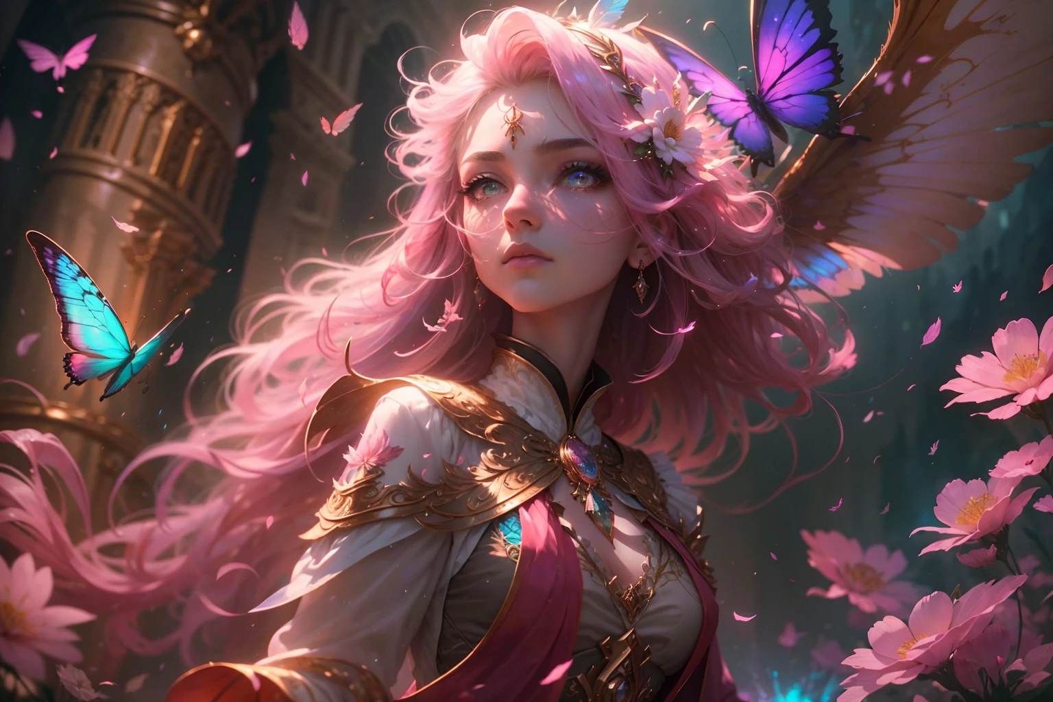 (((masterpiece))), (((best quality))), ((ultra-detailed)),(highly detailed CG illustration), ((an extremely delicate and beautiful)),cinematic light, Create a stunning fantasy artwork that mimics the style of currently trending masters of the genre. The art piece should contain elements of both mythic fantasy and fairytale fantasy with colorful accents. ((Utilize various shades of pink and watercolor pastels as the main color scheme.)) The character in the artwork is a delicate but strong petite figure with an aura of mystery and magic. Pay close attention to intricate facial features, such as mesmerizing eyes with vibrant colors and bold shading. The character's clothing should be designed with gossamer feathers, silk, stunning embroidery, and subtle iridescent details. Incorporate dreamy colors, dynamic lighting, and detailed background elements to create a sense of awe and immersion. Include colorful flying magical birds and jewel-toned butterflies radiating a magical aura. Consider the latest trends in fantasy art, such as incorporating unique lighting effects, exploring dynamic and compelling composition techniques, and experimenting with unique color palettes. Take inspiration from the top artists on ArtStation and Midjourney. Camera: Choose an angle that highlights the character's beauty and enhances the magical majesty of the artwork. Lighting: Utilize atmospheric lighting techniques to create depth and mood. Resolution: Aim for a high-resolution artwork to showcase intricate details and clarity. Art Inspirations: Seek inspiration from the trending artists on ArtStation, exploring different styles, genres, and themes.