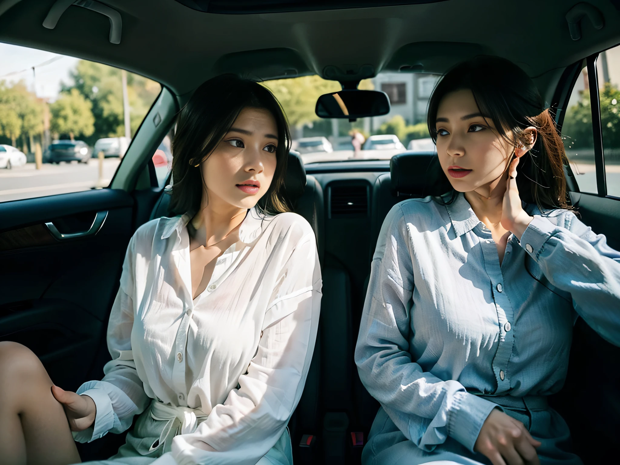 Two women sitting in the car talking,sface focus,Clear facial expressions