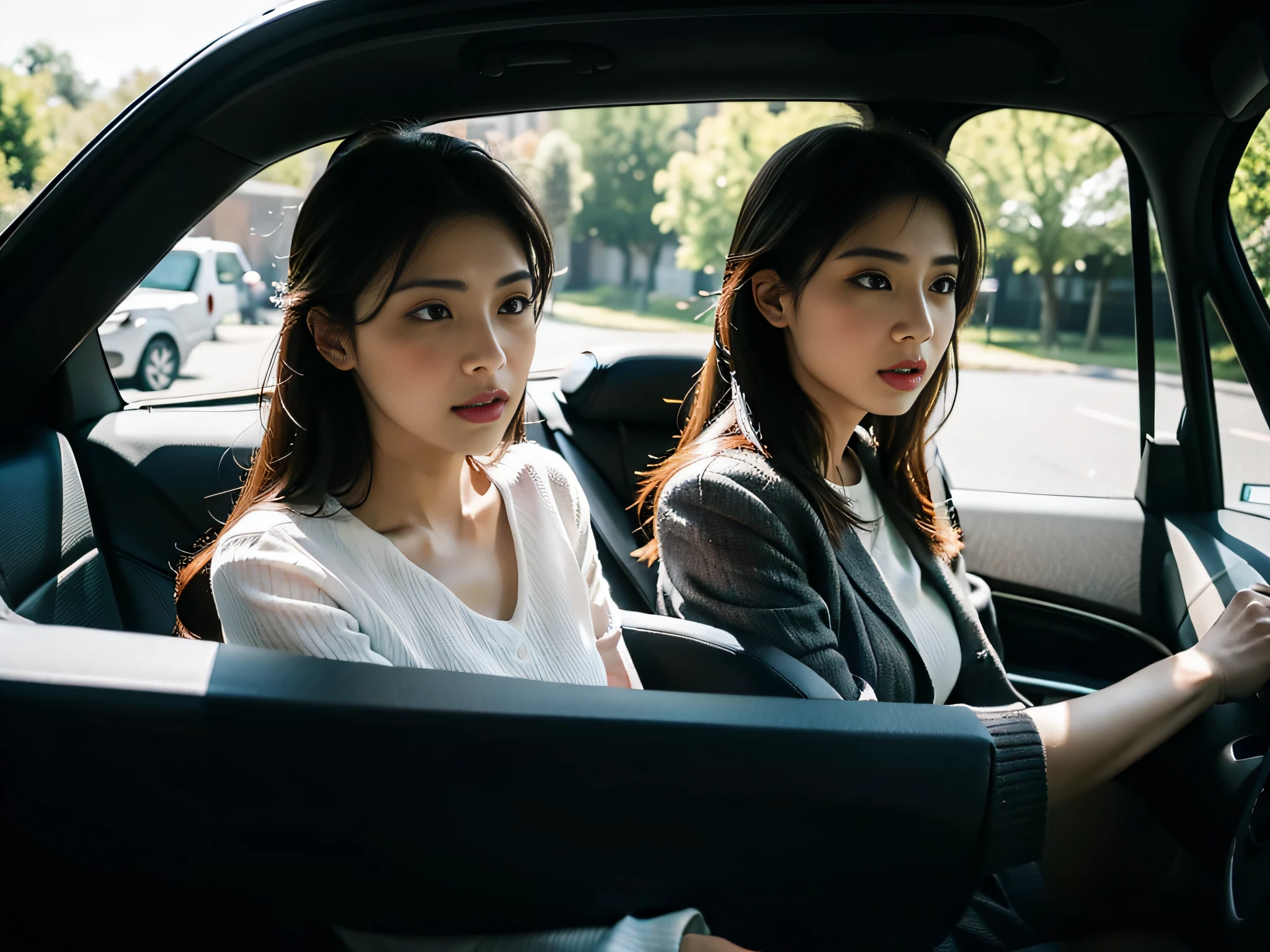 Two women sitting in the car talking,sface focus,Clear facial expressions
