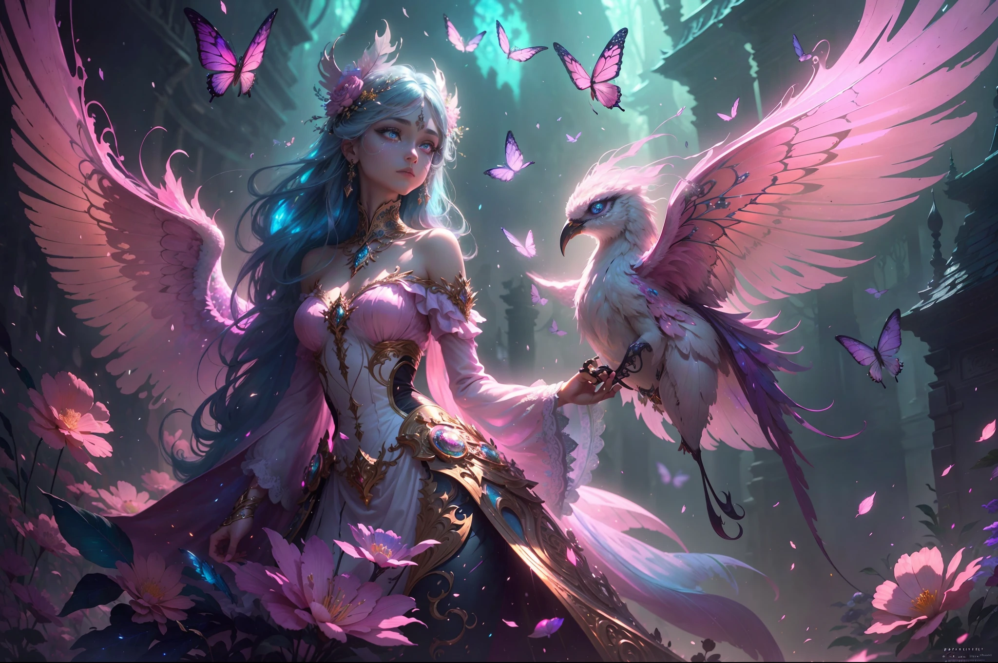 (((masterpiece))), (((best quality))), ((ultra-detailed)),(highly detailed CG illustration), ((an extremely delicate and beautiful)),cinematic light, Create a stunning fantasy artwork that mimics the style of currently trending masters of the genre. The art piece should contain elements of both mythic fantasy and fairytale fantasy with colorful accents. ((Utilize various shades of pink and watercolor pastels as the main color scheme.)) The character in the artwork is a delicate but strong petite figure with an aura of mystery and magic. Pay close attention to ((((intricate facial features, such as mesmerizing eyes with vibrant colors and bold shading.)))) The character's clothing should be designed with gossamer feathers, silk, stunning embroidery, and subtle iridescent details. Incorporate dreamy colors, dynamic lighting, and detailed background elements to create a sense of awe and immersion. Include colorful flying magical birds and jewel-toned butterflies radiating a magical aura. Consider the latest trends in fantasy art, such as incorporating unique lighting effects, exploring dynamic and compelling composition techniques, and experimenting with unique color palettes. Take inspiration from the top artists on ArtStation and Midjourney. Camera: Choose an angle that highlights the character's beauty and enhances the magical majesty of the artwork. Lighting: Utilize atmospheric lighting techniques to create depth and mood. Resolution: Aim for a high-resolution artwork to showcase intricate details and clarity. Art Inspirations: Seek inspiration from the trending artists on ArtStation, exploring different styles, genres, and themes.