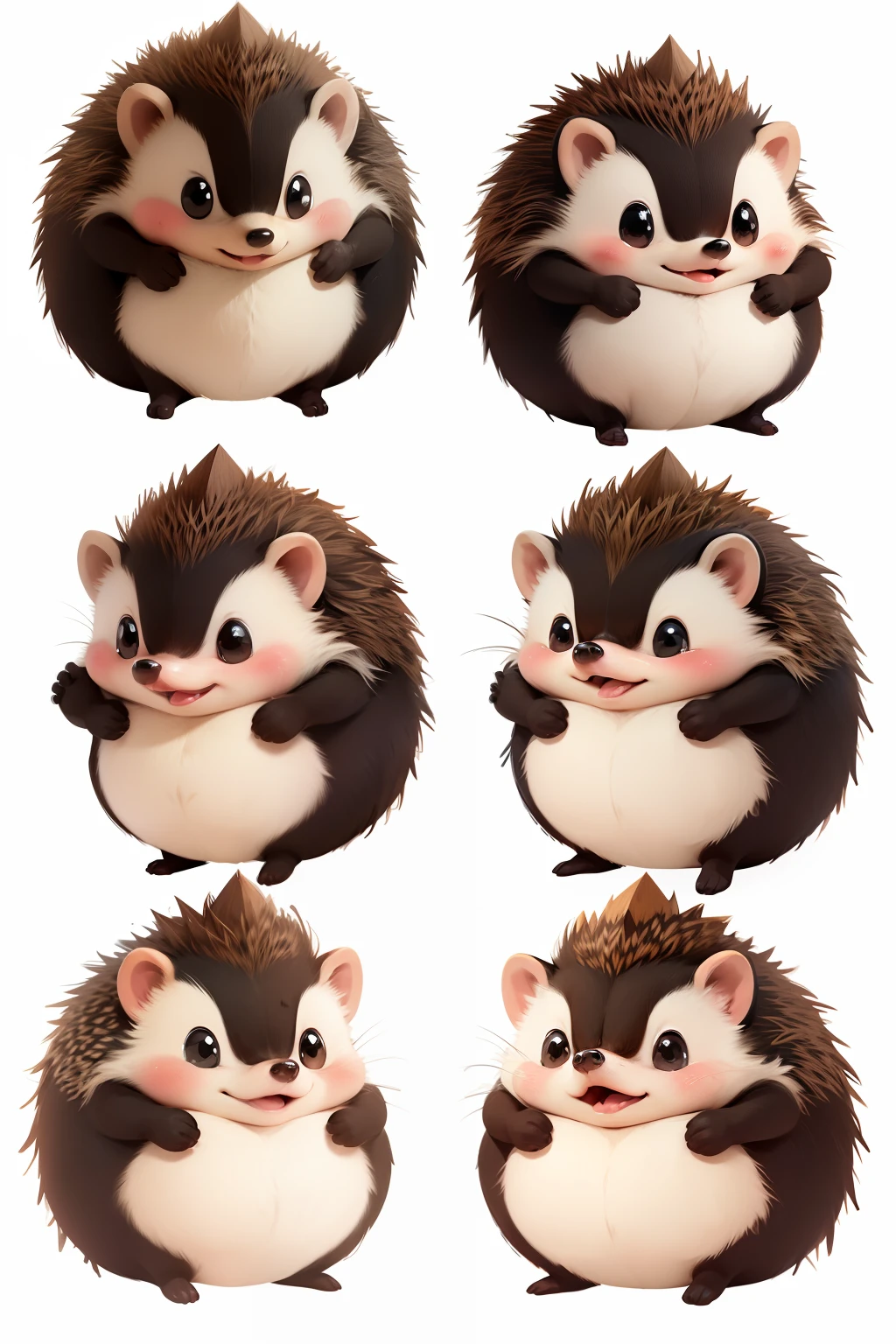 cute hedgehog in multiple moods [happy, angry, sad, cry, cute, expecting, laughing, disappointed,shy] multiple poss, white background, hight resolution, simple, cartoon