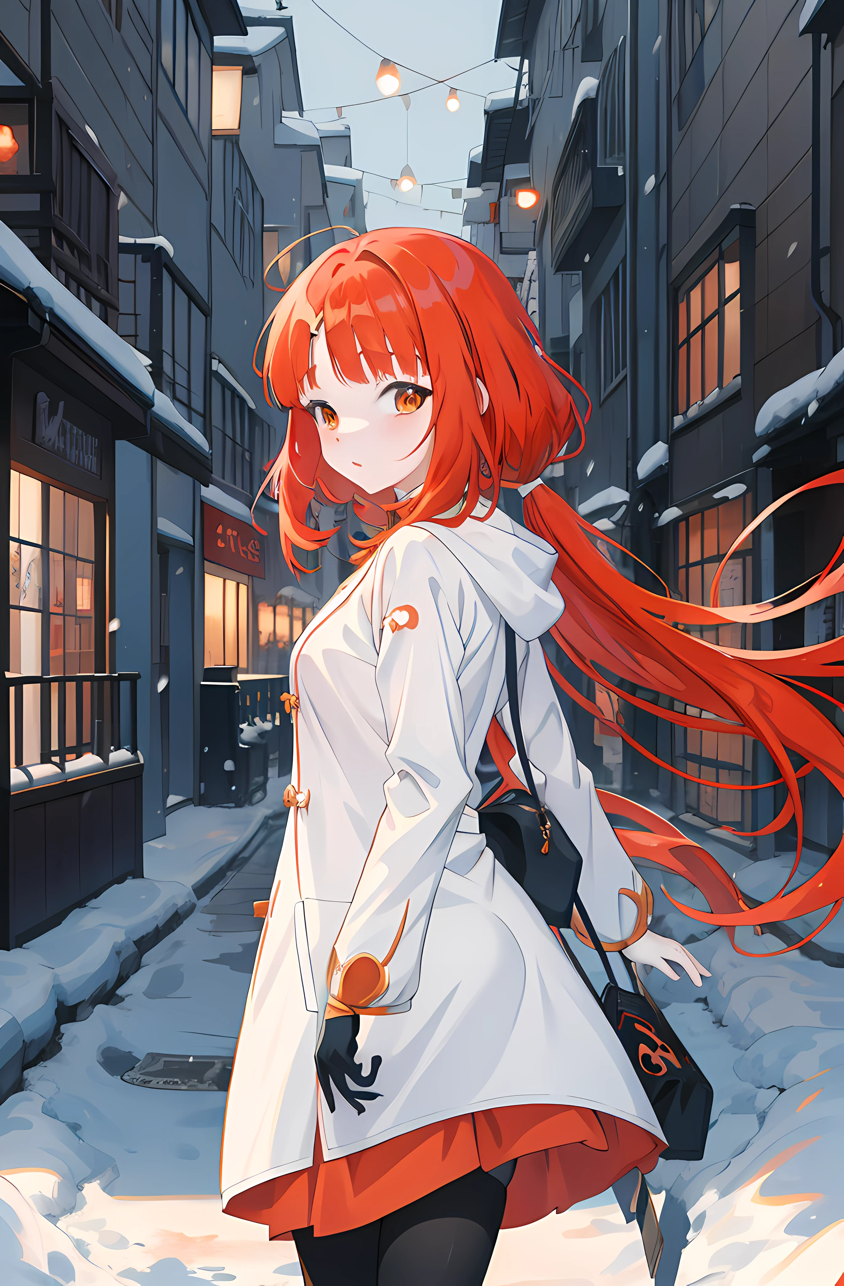anime girl with red hair and white coat walking down a snowy street, anime style 4 k, anime girl with long hair, anime art wallpaper 8 k, anime art wallpaper 4 k, anime art wallpaper 4k, she has long redorange hair, painted in anime painter studio, anime wallpaper 4 k, anime wallpaper 4k, zerochan art, anime moe artstyle