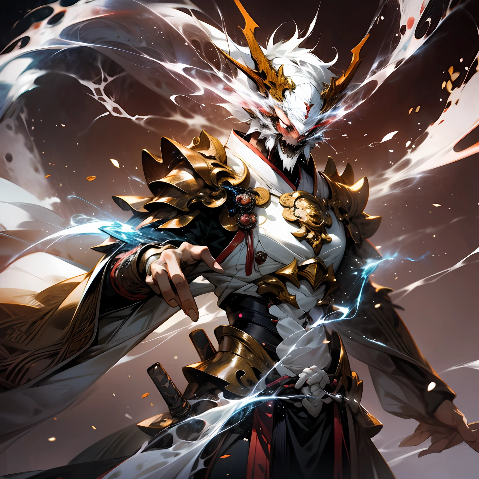 Japanese manga style,Fantasy cultivation,1 man,delicated face,Wearing armor,It is surrounded by Chinese characters,With lightning on his body,There is a divine dragon behind it,Perfect hands,Normal fingers,zen