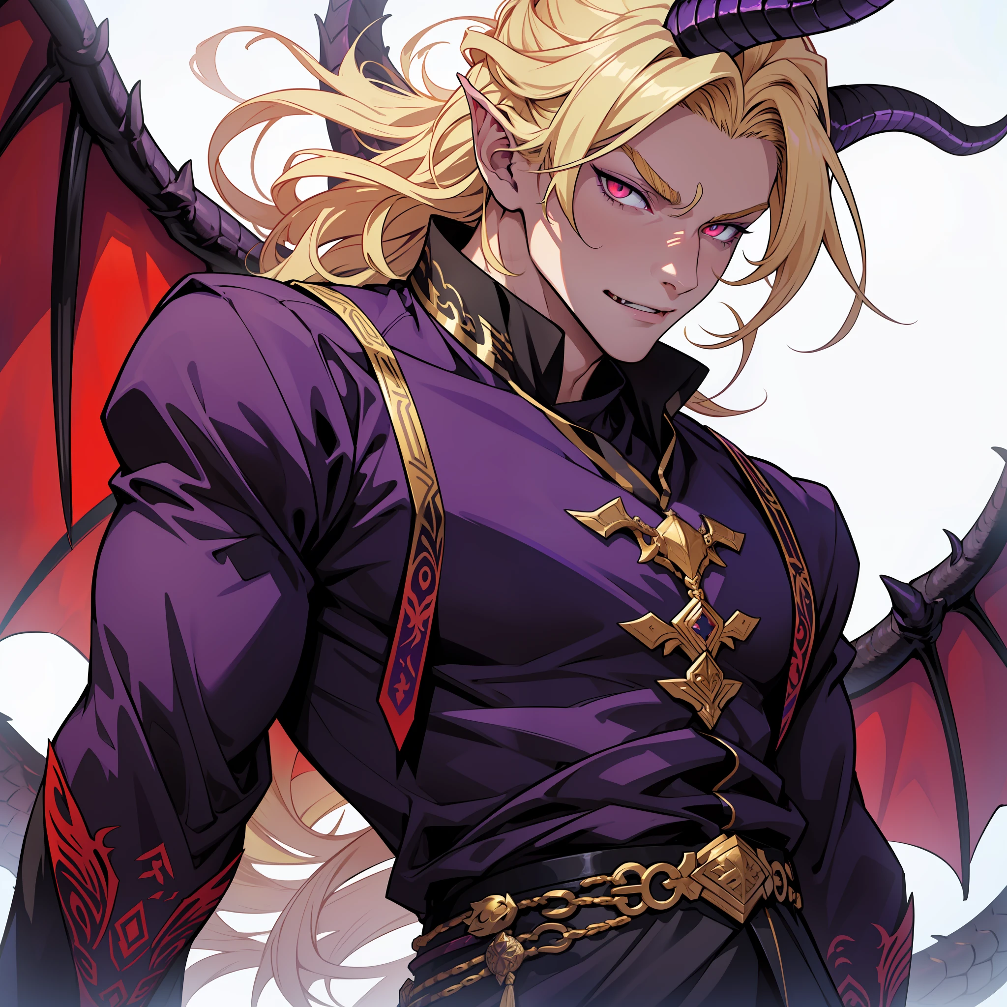 Dragon with black scales and long talons. Horns. Golden eyes. Huge wings. soft eyes. Dragon in human form. Lomg hair. Blonde hair. Red eyes. Roman nose. Fangs. Soft expression. Soft look. Tall muscular male. Purple attire. Purple clothes.