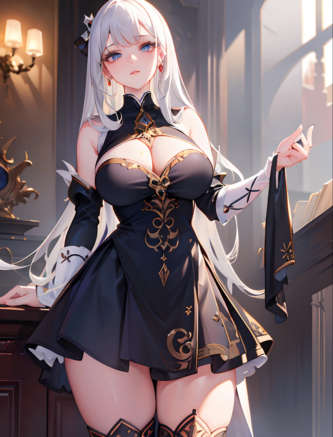 (masterpiece, best quality, extremely detailed CG, beautiful detailed eyes, ultra-detailed, intricate details:1.2), 8k wallpaper, elaborate features,
(1girl, solo:1.4),  long white hair,  pretty face, expressionless face, big breasts,modern dress, fashion, high boots,diamond-shaped pupils