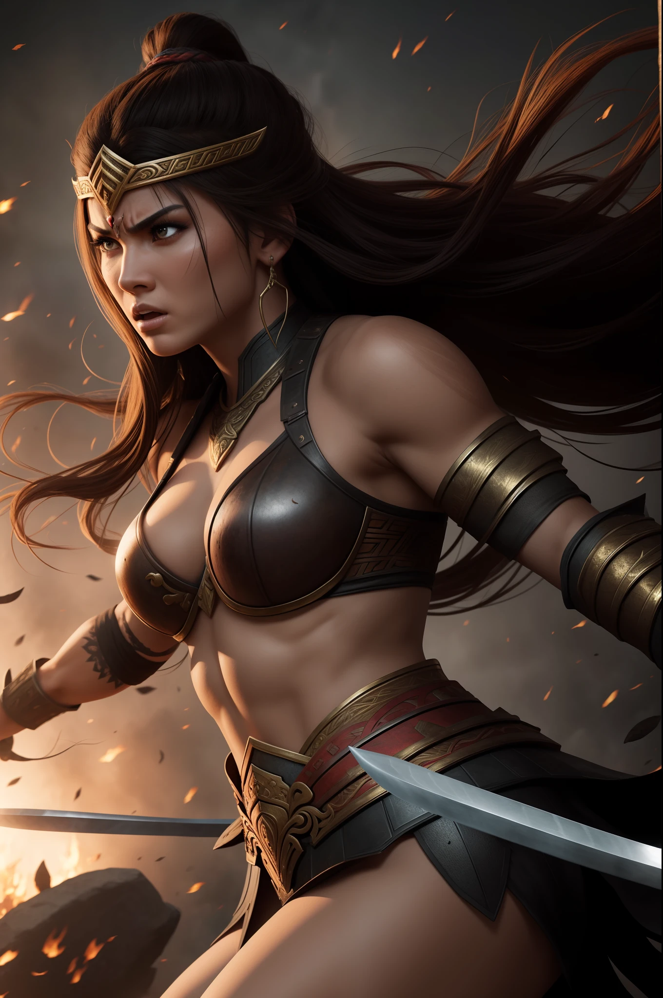 Fierce warrior goddess in the midst of battle, ultra realistic.