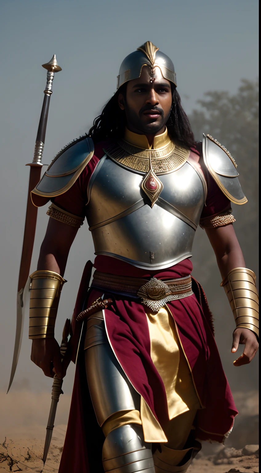 {Malik Ambar, the revered Ethiopian warrior, clad in traditional Indian battle armor, guiding his troops with unwavering resolve against the Mughal army. The battlefield is awash with energy, passion, and the sounds of clashing swords and war cries.}, Realistic Style, Greg Rutkowski, 70mm, Medium Shot, (High resolution:1.3), (soft light:1.2), (detailed:1.25), (octane render:1.2), (rutkowski:1.1)