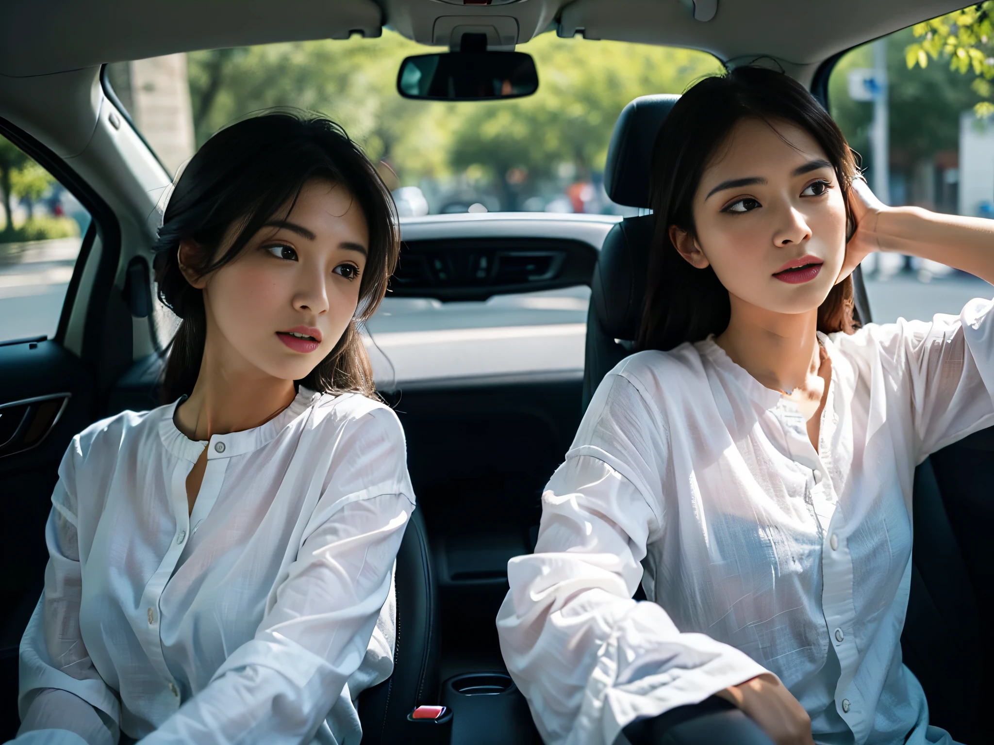 Two women sitting in the car talking,sface focus,Clear facial expressions