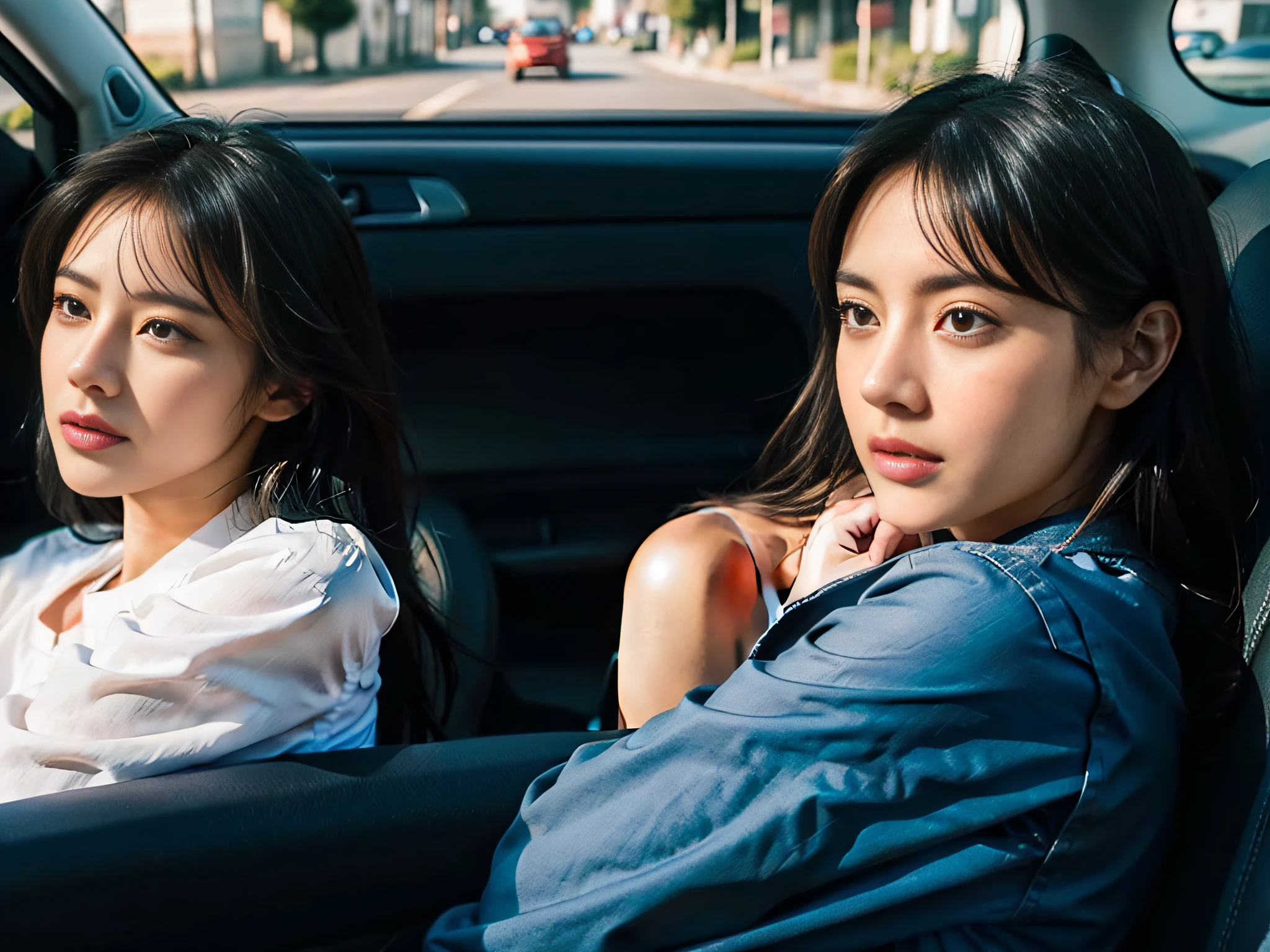 Two women sitting in the car talking，sface focus，Clear facial expressions