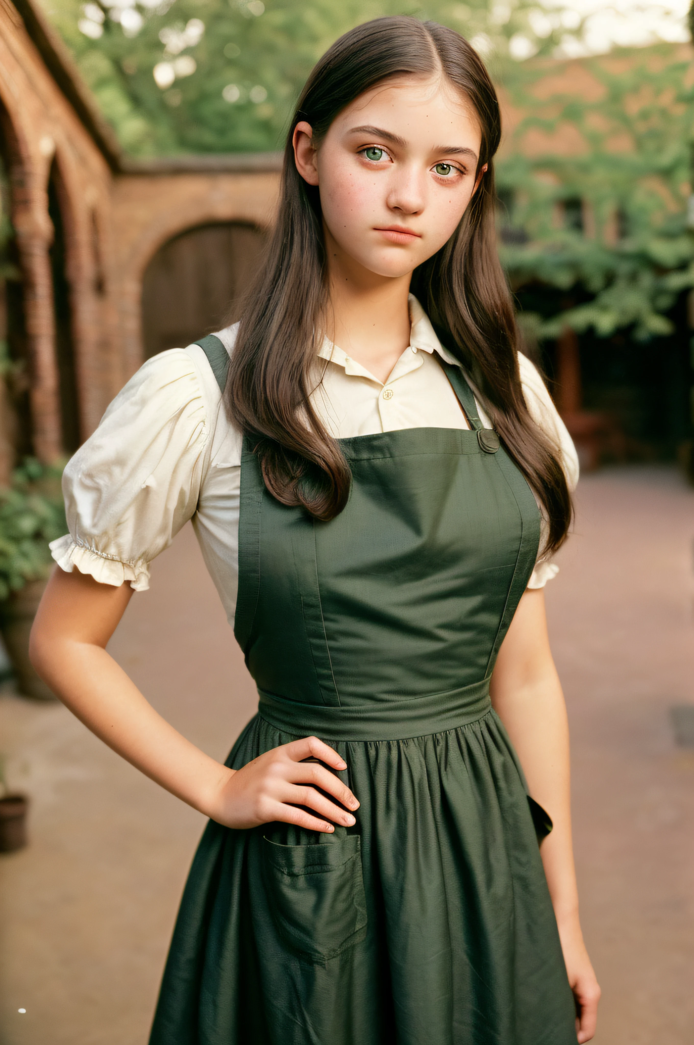 (a closeup of a, Editorial photo of a 15-year-old beautiful girl in a poor work dress with an apron), (Serious:0.5) (Highly detailed face:1.4), ass pov, Nikon D850, film stock photograph ,4 Kodak Portra 400 ,camera f1.6 lens ,saturated colors ,hyper realistic ,lifelike texture, dramatic lighting , Cinestill 800, (in the courtyard In the village of the middle of the 19th century), 19th-century Victorian style, (black hair), (green colored eyes)