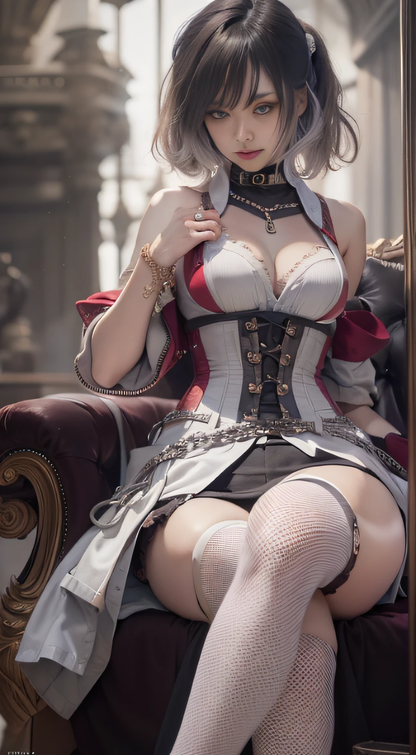 NSFW, masutepiece, 4K, Award-winning, Very classy, Extremely beautiful, Extremely beautiful woman, Very narrow eyes and face, wearing corset, black garter belt and stockings, (((Very small breasts: 1. 2))), Woman sitting on sofa with chain around waist, 2b, 2 b, Beautiful steampunk anime woman,. G-Wise at Pixiv Art Station, Gwise on Art Station Pixiv, guweiz, By Jan J, Artwork in the style of Gwise, Gwise's masterpiece, rococo cyberpunk , very tight corset, very sexy costume, Very delicate face and skin texture, Delicate eyeliner double eyelids, long eyelashes, Nice double eyelids, Very fine eyeshadow, Narrow eyes, three white, Dark Eye Makeup, evil smile, Pretty, nice legs, Tie short hair back, very sexy costume, Sticky tongue, Vaginal promiscuity, Vaginal discharge, Squirting, Photo 4 Kodak Portra 400 camera and f1.6 6-color lens, ultra realistic textures, Dramatic LightingUnreal Engine Art Station CineStar 800 Trendy Tungsten Light, heels, Stockings