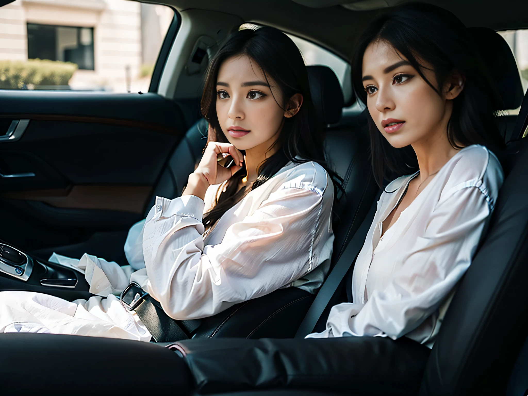 Two women sitting in the car talking，sface focus，Clear facial expressions