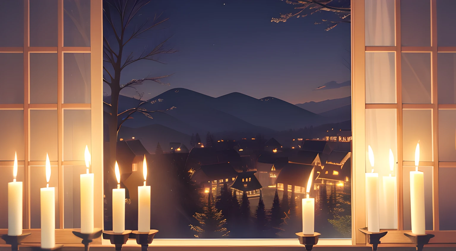 natta、garret、Lots of candles、Outside the window you can see a beautiful forest、
