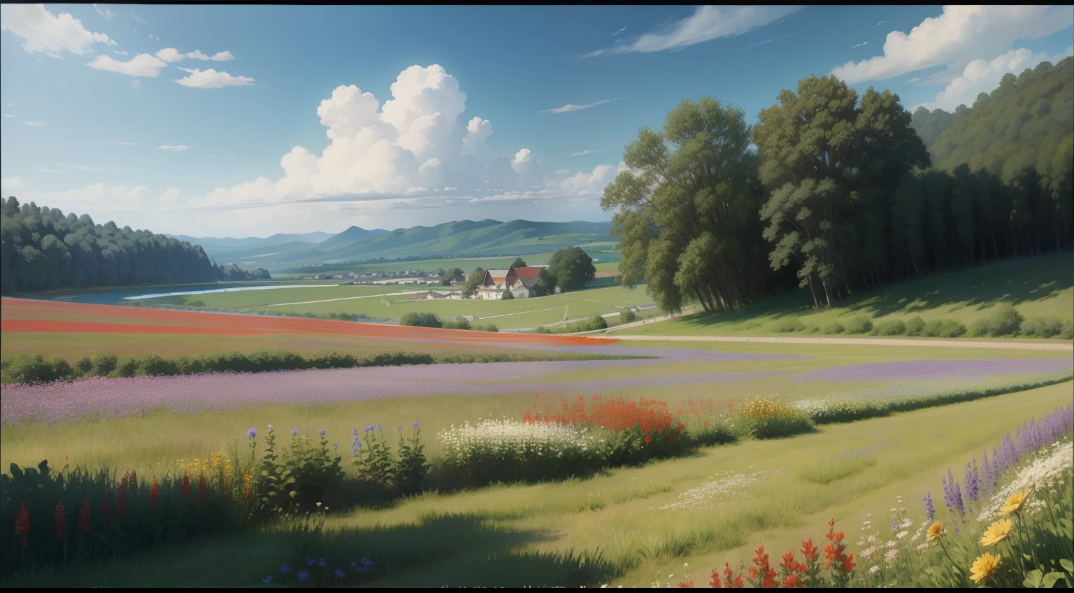 Monet,scenecy,High detail,夏天,heal,rios,wildflowers,clouds,Lazy,tmasterpiece,high qulity