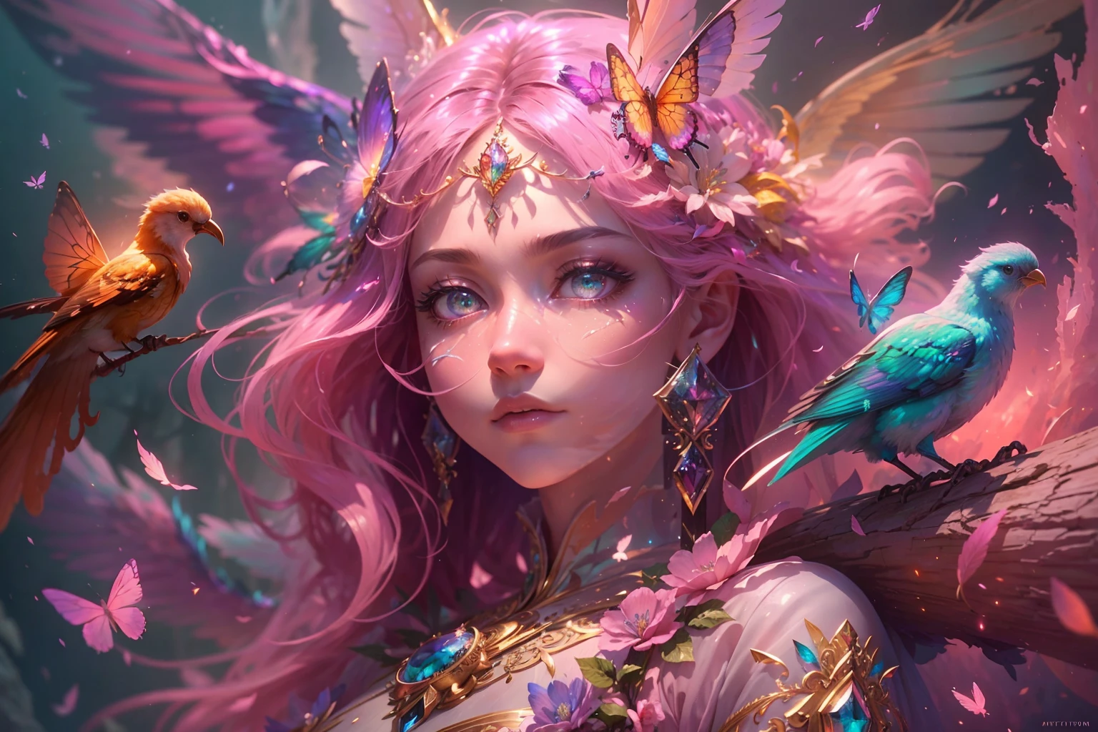 (((masterpiece))), (((best quality))), ((ultra-detailed)),(highly detailed CG illustration), ((an extremely delicate and beautiful)),cinematic light, Create a stunning fantasy artwork that mimics the style of currently trending masters of the genre. The art piece should contain elements of both mythic fantasy and fairytale fantasy with colorful accents. ((Utilize various shades of pink and watercolor pastels as the main color scheme.)) The character in the artwork is a delicate but strong petite figure with an aura of mystery and magic. Pay close attention to intricate facial features, such as mesmerizing eyes with vibrant colors and bold shading. The character's clothing should be designed with gossamer feathers, silk, stunning embroidery, and subtle iridescent details. Incorporate dreamy colors, dynamic lighting, and detailed background elements to create a sense of awe and immersion. Include colorful flying magical birds and jewel-toned butterflies radiating a magical aura. Consider the latest trends in fantasy art, such as incorporating unique lighting effects, exploring dynamic and compelling composition techniques, and experimenting with unique color palettes. Take inspiration from the top artists on ArtStation and Midjourney. Camera: Choose an angle that highlights the character's beauty and enhances the magical majesty of the artwork. Lighting: Utilize atmospheric lighting techniques to create depth and mood. Resolution: Aim for a high-resolution artwork to showcase intricate details and clarity. Art Inspirations: Seek inspiration from the trending artists on ArtStation, exploring different styles, genres, and themes.