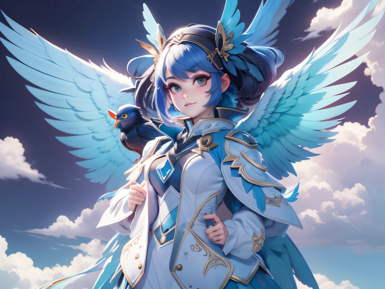 there is a beautiful girl, wearing a bluebird suit, with big wing, black and blue, Ultra detail, high resolution, super detail, best quality, standing in the heaven, full body