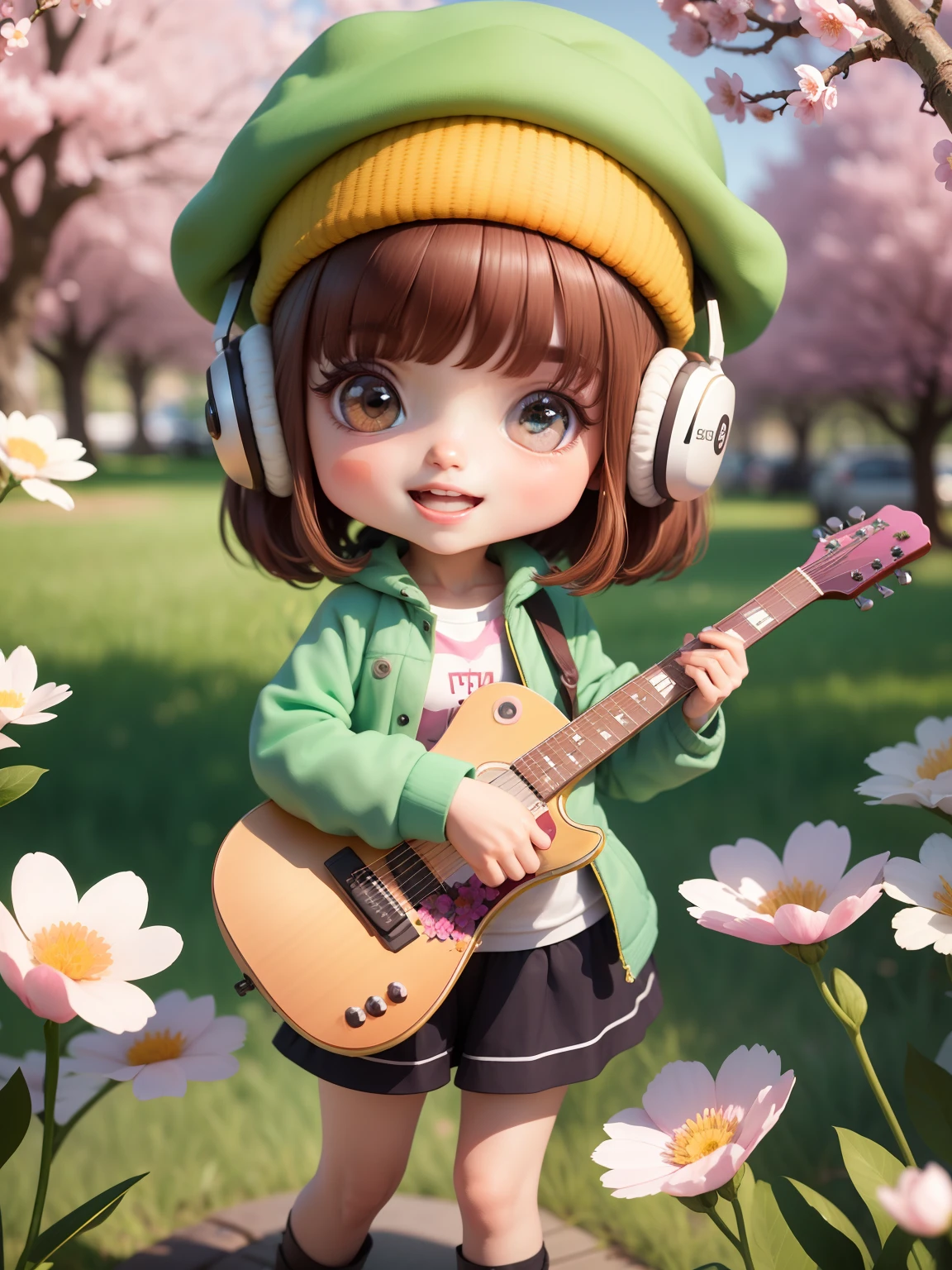 (masterpiece),(best quality),(ultra-detailed), (full body:1.2), 1girl,chibi,cute, smile, open mouth, flower, outdoors, playing guitar, music, beret, holding guitar, jacket, blush, tree, :3, shirt, short hair, cherry blossoms, green headwear, blurry, brown hair, blush stickers, long sleeves, bangs, headphones, black hair, pink flower, (beautiful detailed face), (beautiful detailed eyes),