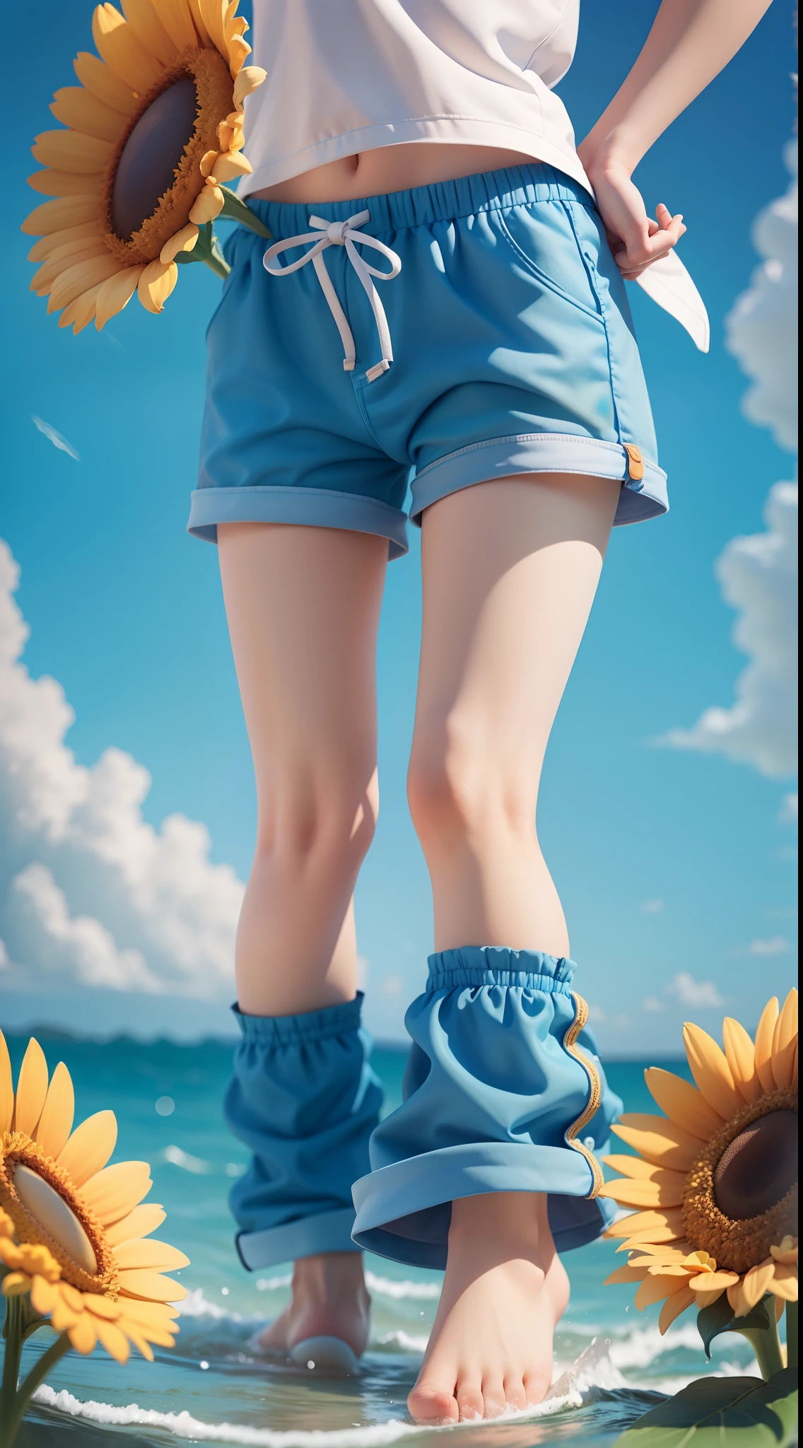 Summer clouds, sun flowers frames the image, symmetric composition, sunny weather ,sky, sunny, colorful, happy and happy summer vacation, simple picture, close-up, brilliant sunshine, distant waves, visual impact, 3D DreamWorks style, boy in blue shorts