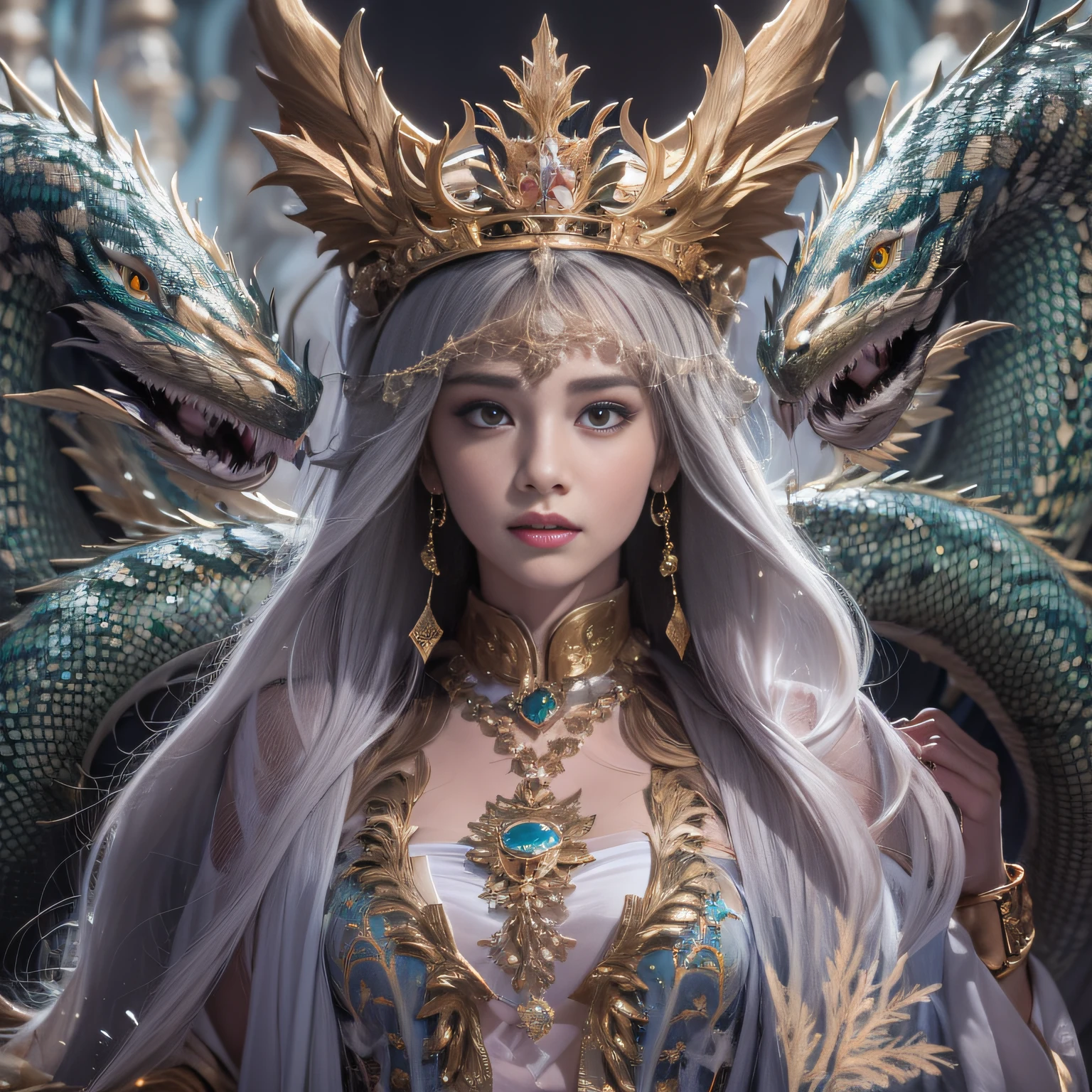 16k(tmasterpiece,k hd,hyper HD,16k)Long flowing black hair,Gold jewelry area in the back room,King brunette girl ,Silver Dragon Protector (realisticlying:1.4),Python pattern robe,Purple-pink tiara,Snowflakes fluttering,The background is pure,Hold your head high,Be proud,The nostrils look at people, A high resolution, the detail, RAW photogr, Sharp Re, Nikon D850 Film Stock Photo by Jefferies Lee 4 Kodak Portra 400 Camera F1.6 shots, Rich colors, ultra-realistic vivid textures, Dramatic lighting, Unreal Engine Art Station Trend, cinestir 800,Hold your head high,Be proud,The nostrils look at people