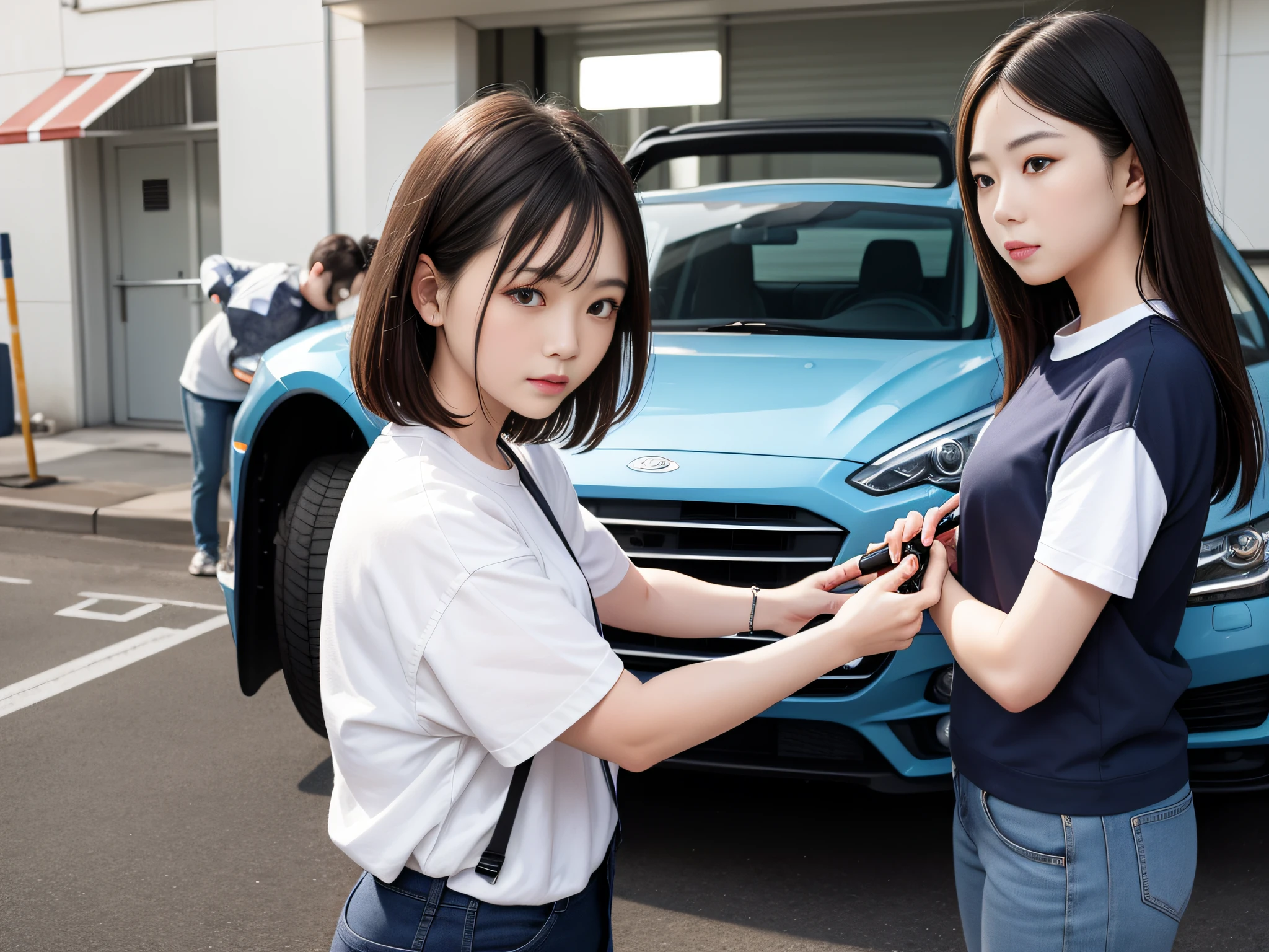 2 people standing in front of the car,1 person inspects the vehicle using a maintenance tool,facial closeups、sface focus。