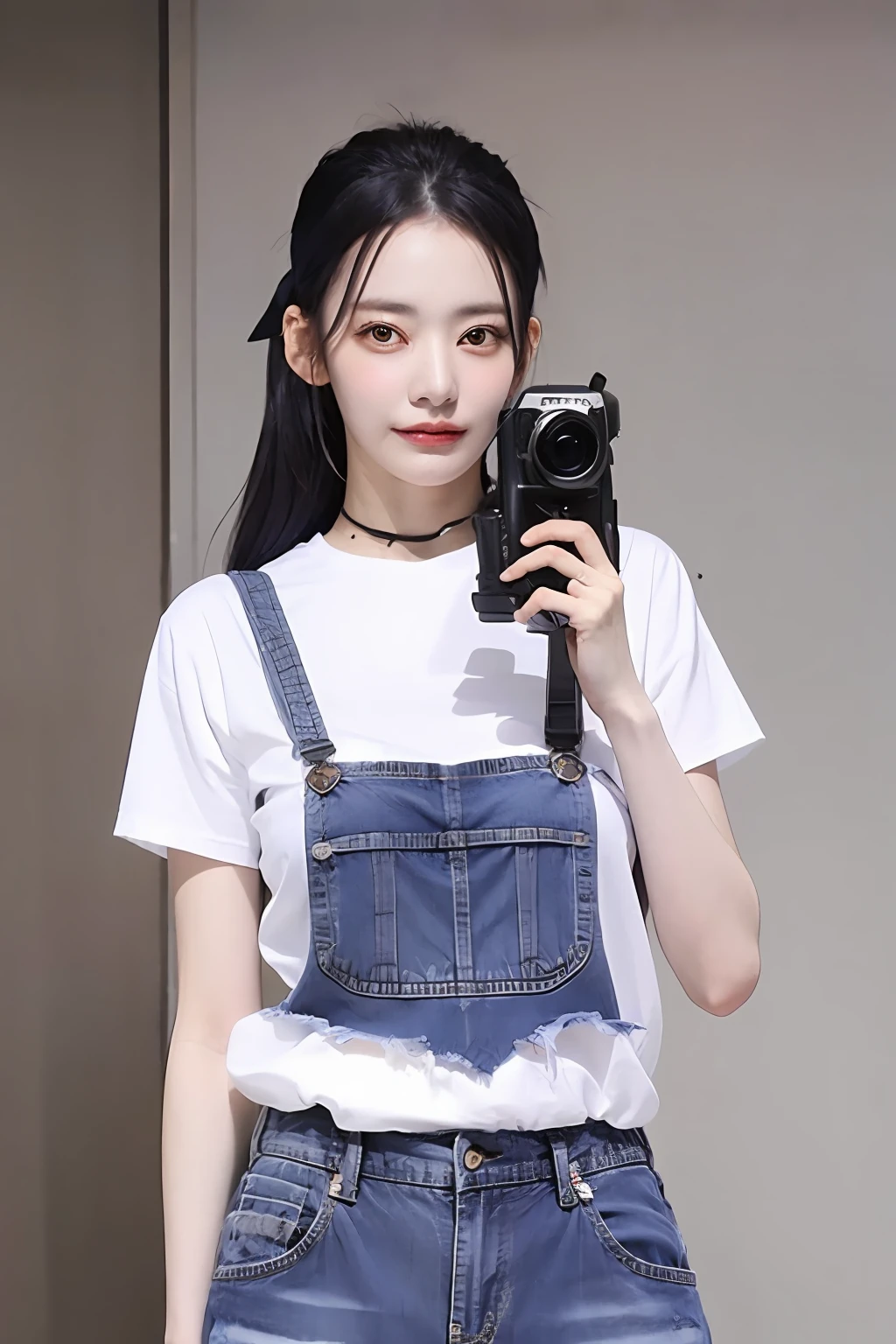 Arafe woman wearing a white shirt and denim shorts and holding a camera, Korean woman fashion model, Official Product Pictures, Photorealistic, a picture of a woman,
