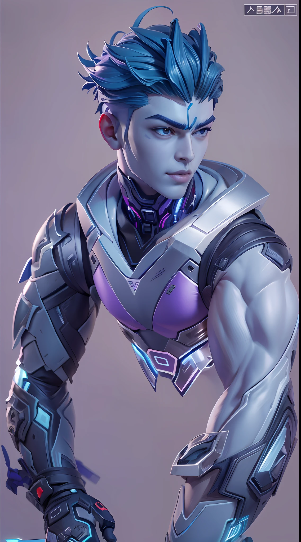 Sculpture design,Figures,GK model,(The whole body of the character),Expose muscles,(Exquisite base),The colors of the clothes are blue and purple,Wu Yifan,Handsome cybernetic boy looking at camera lingerie detailed muscular reality masterpiece,musculous