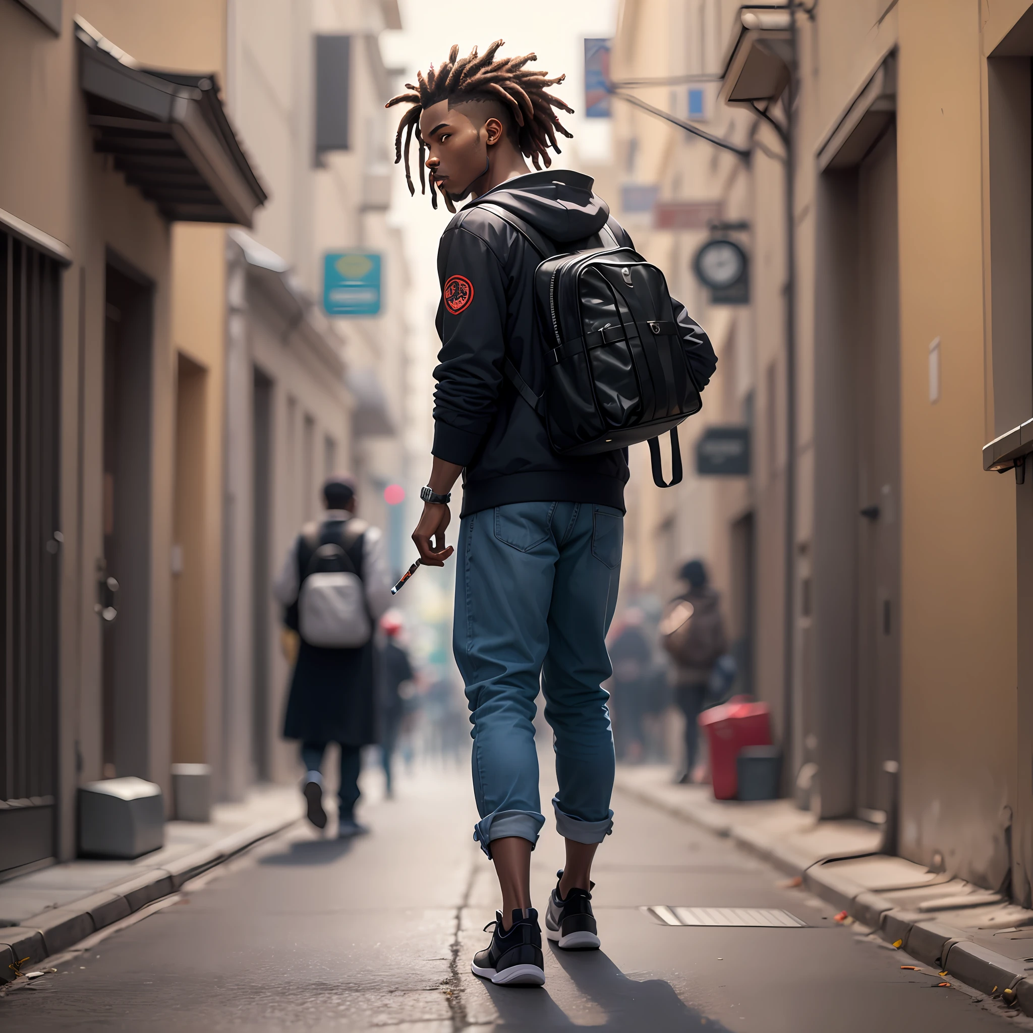 a black man. His back on camera. Walking.  have dreadlocks and streetclothes, silhouette no background. but still be a sort ofbl blacked out mysterious figure. Silhouette.he carrying a duffle bag in his right hand and with his left hand to be lighting a joint/cigarrette hanging out of his mouth. He walk. --auto --s2