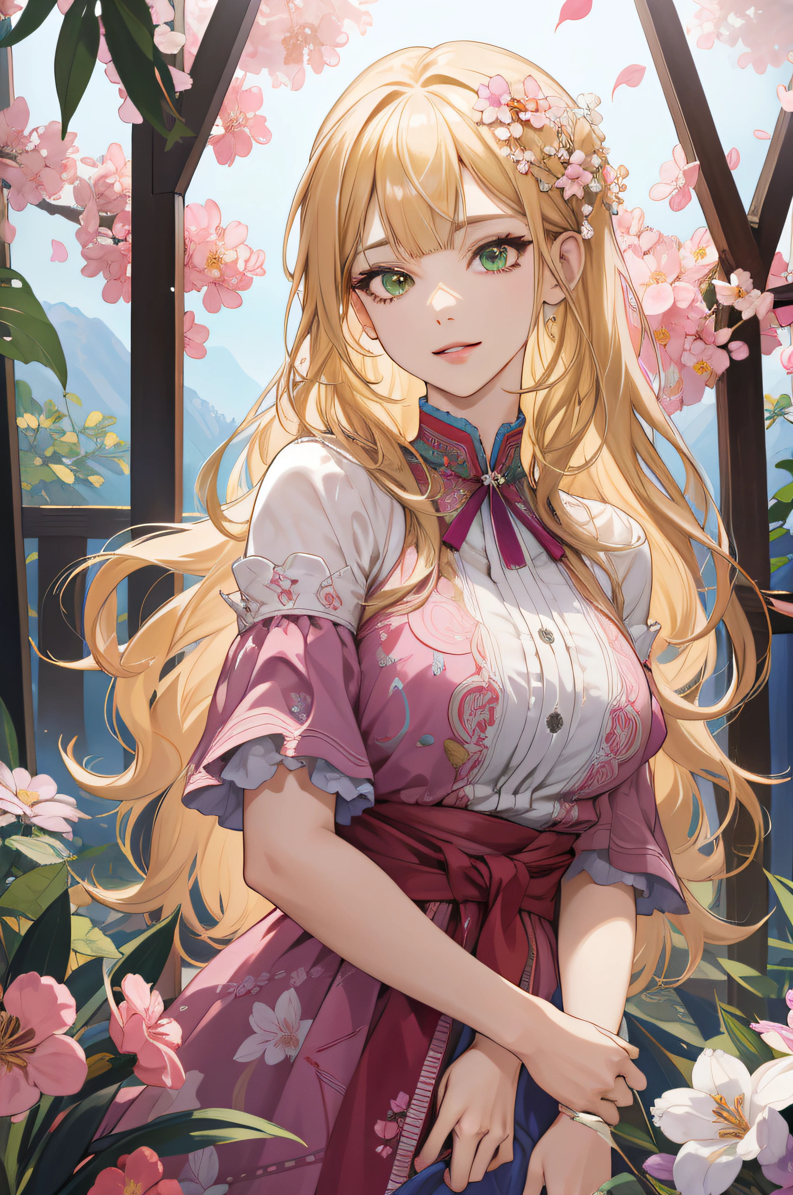 (absurdres, highres, ultra detailed), 1girl, mature female, wavy blonde hair, long hair, blunt bangs, green eyes, pink dress, finely detailed eyes and detailed face, extremely detailed CG unity 8k wallpaper, intricate details, BREAK , kaleidoscopic imagery, symmetrical patterns, vibrant colors, geometric shapes, mesmerizing designs, optical illusions, dynamic composition BREAK , pantomime art, expressive body language, silent storytelling, evocative gestures, visual narratives, theatrical performances BREAK , blooming flowers, colorful petals, fragrant scents, nature's bounty, vibrant gardens, peaceful scenery