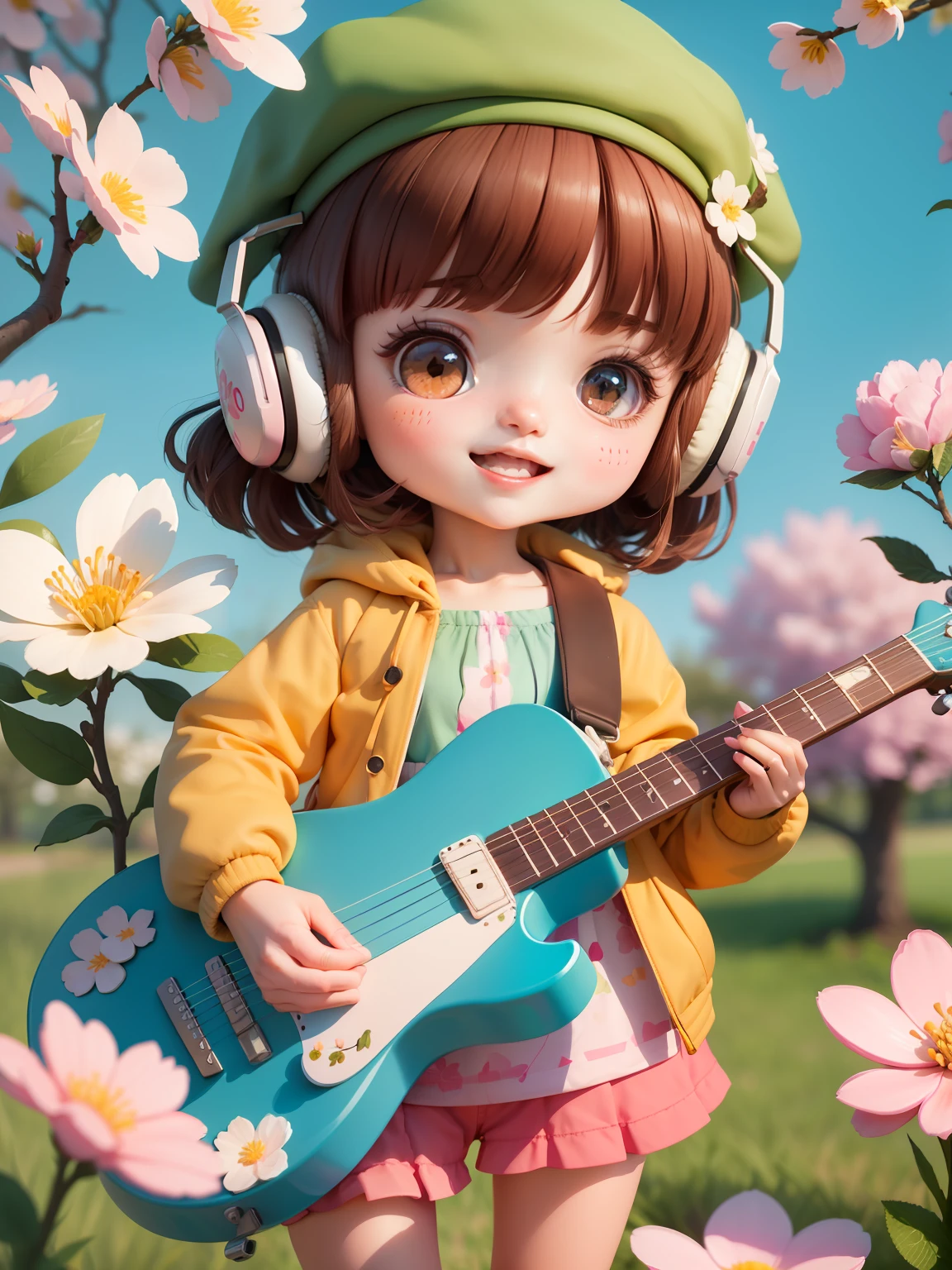 (masterpiece),(best quality),(ultra-detailed), (full body:1.2), 1girl,chibi,cute, smile, open mouth, flower, outdoors, playing guitar, music, beret, holding guitar, jacket, blush, tree, :3, shirt, short hair, cherry blossoms, green headwear, blurry, brown hair, blush stickers, long sleeves, bangs, headphones, black hair, pink flower, (beautiful detailed face), (beautiful detailed eyes),