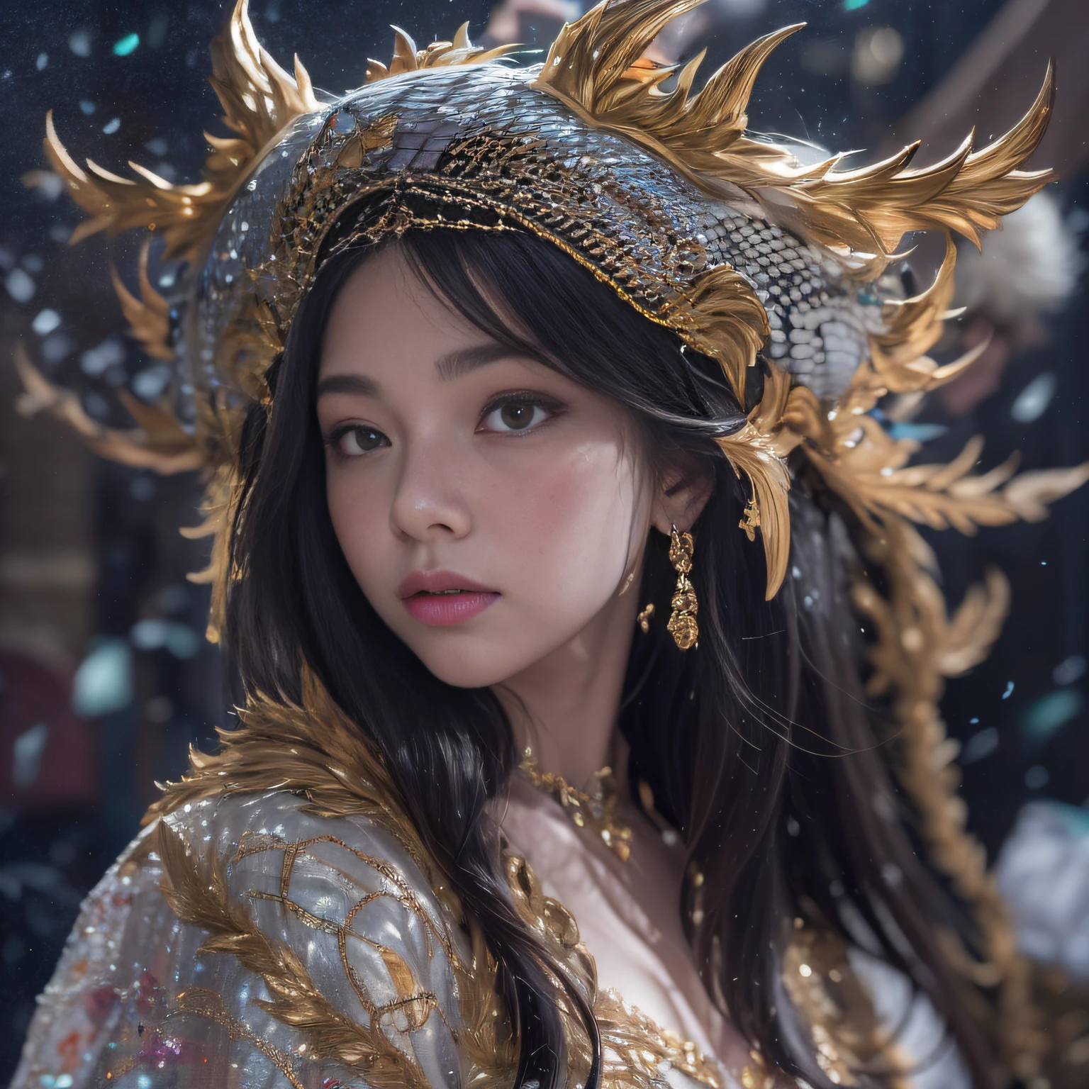 16k（tmasterpiece，k hd，hyper HD，16k）Long flowing black hair，Gold jewelry area in the back room，Brunette king girl ，Silver Dragon Protector （realisticlying：1.4），Python pattern robe，Purple-pink tiara，Snowflakes fluttering，The background is pure，Hold your head high，Be proud，The nostrils look at people， A high resolution， the detail， RAW photogr， Sharp Re， Nikon D850 Film Stock Photo by Jefferies Lee 4 Kodak Portra 400 Camera F1.6 shots, Rich colors, ultra-realistic vivid textures, Dramatic lighting, Unreal Engine Art Station Trend, cinestir 800，Hold your head high，Be proud，The nostrils look at people