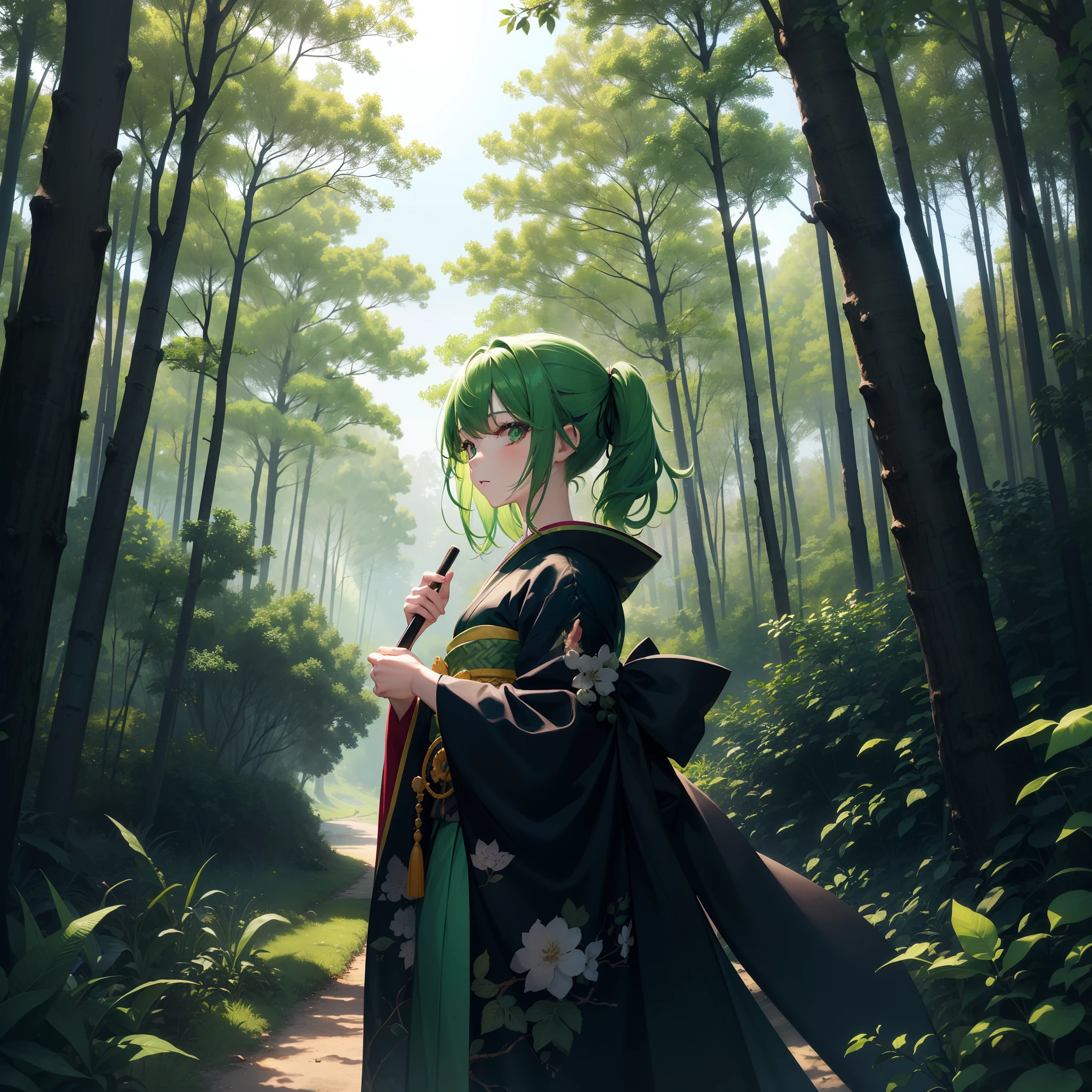 (Beautifully Aesthetic:1.2)、(1girl in:1.3)、(colourful hair、Half black and half green hair:1.2)、colorful forest、Sunshine、in woods、Wearing a colorful kimono of green and black、