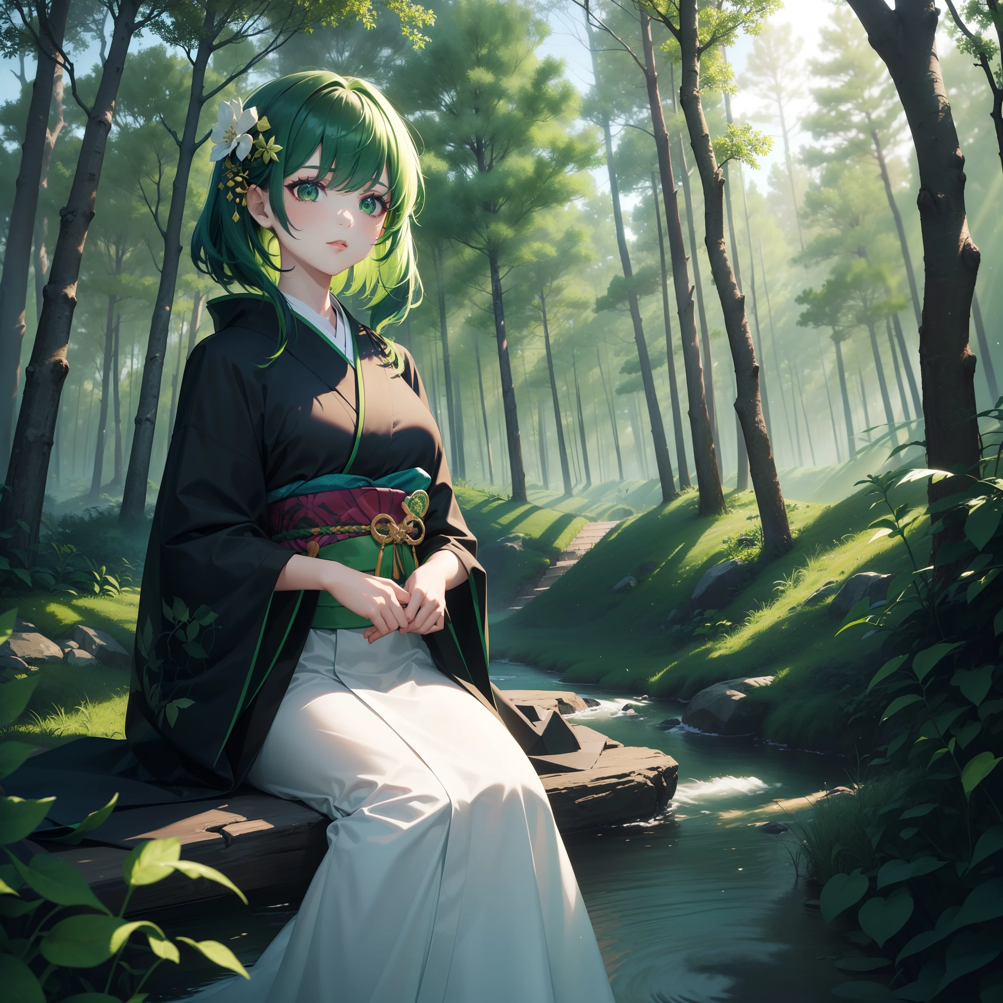 (Beautifully Aesthetic:1.2)、(1girl in:1.3)、(colourful hair、Half black and half green hair:1.2)、colorful forest、Sunshine、in woods、Wearing a colorful kimono of green and black、