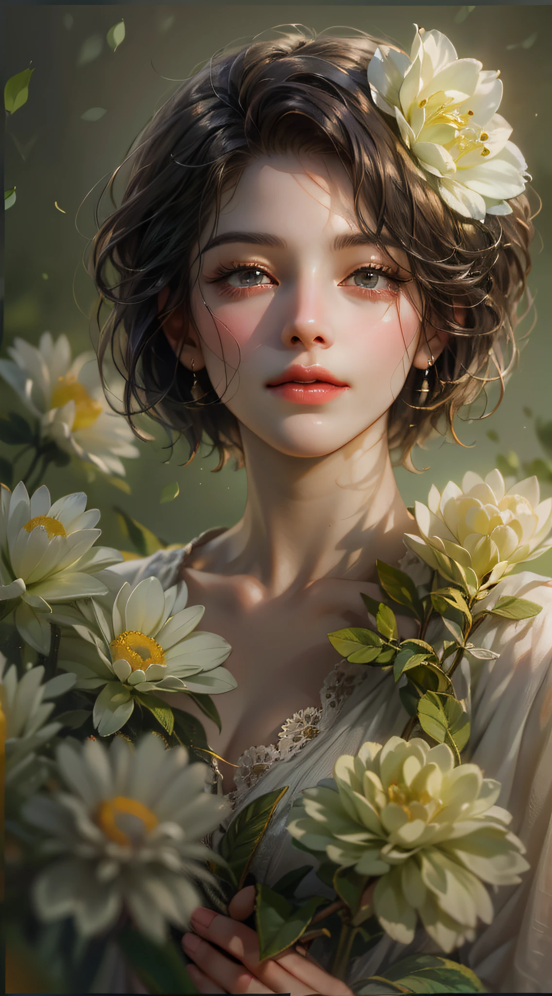 (absurderes,k hd,ultra - detailed),Mature woman,The upper part of the body,Flowers in hand,Hazy flower background,(Hazy:1.3,softlighting:1.4,cinematric light:1.4)