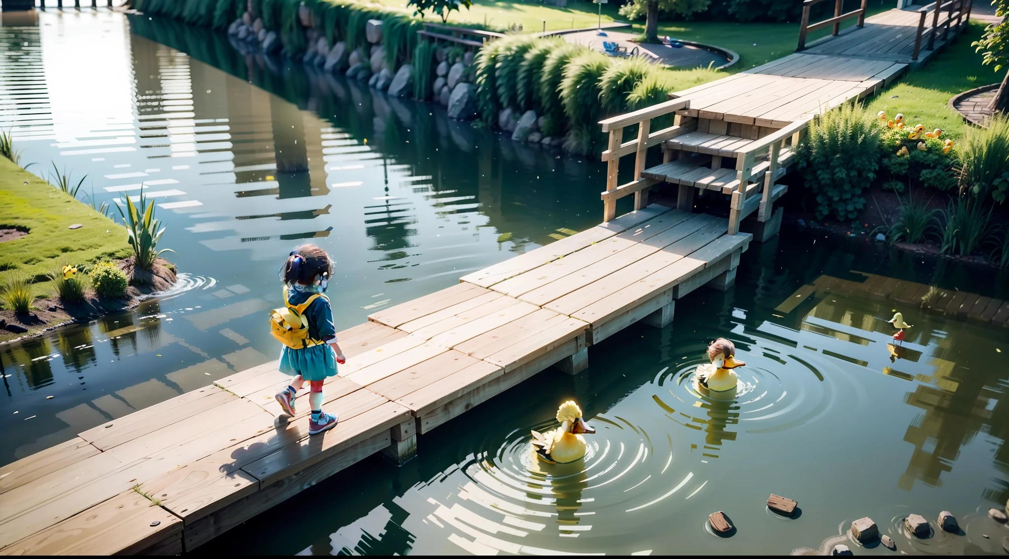 In the countryside，There is a shallow river，very wide，There is a boardwalk that connects to the river，There is some grass by the river，There are also a lot of children playing in the water，Splash water，A group of small children playing in the river，Someone is splashing water with something，The little yellow duck has a small child in the swimming ring，There are also many small children playing with toys on the water，waterpark，Water park，Small children catch fish，By the river is a boardwalk，There were small children sitting there playing in the water，Children are portrayed very clearly，8K high-definition，Conceptual design drawing，Design draft