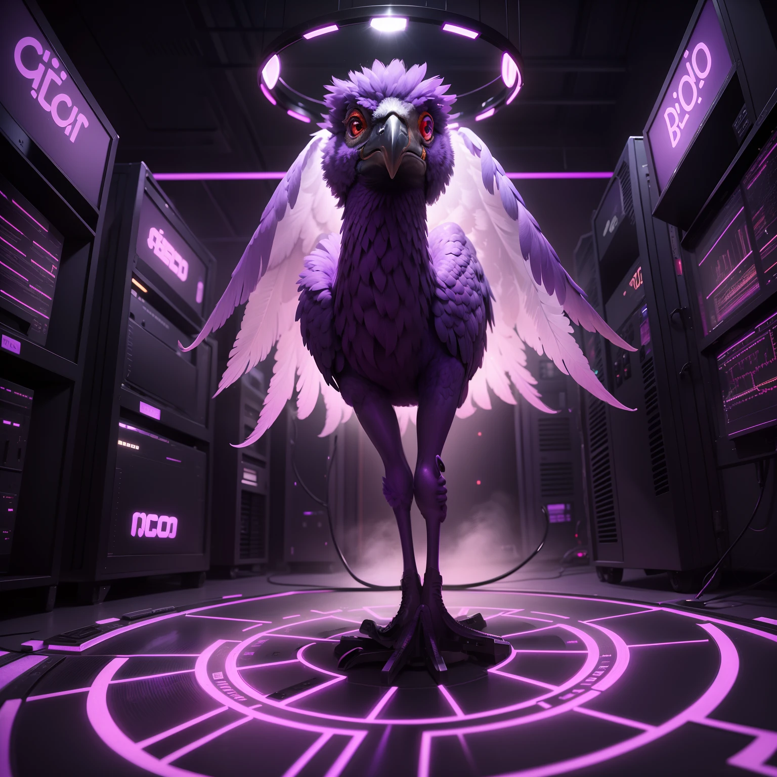 Make a whole purple neon ostrich bird, colar Bitcoin, Bitcoin mining plant,super computadores soltando raios; amethyst crystal floor,cabos roxo conectando tudo,